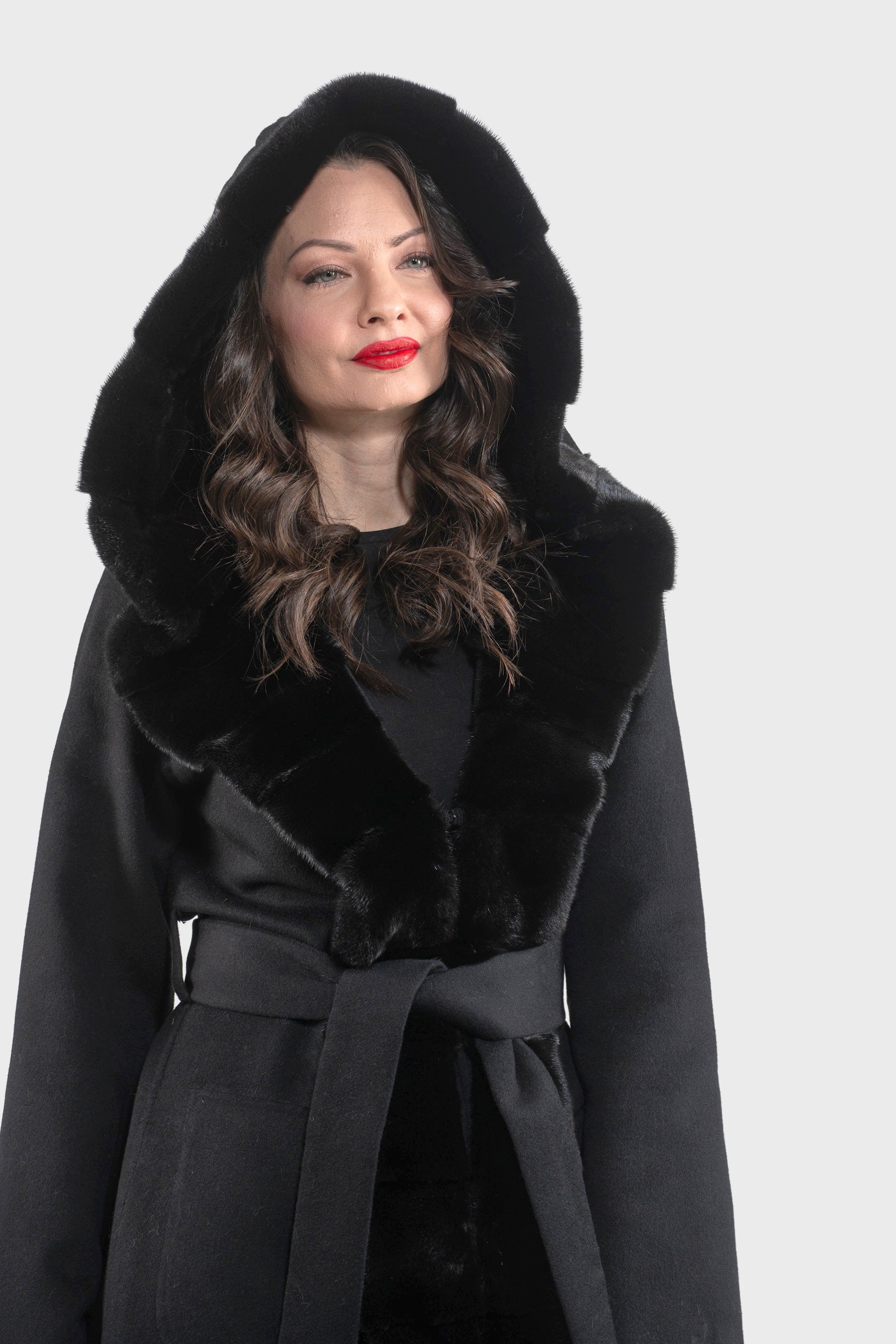Black Cashmere Hooded Coat with Mink Trim 21C6080H