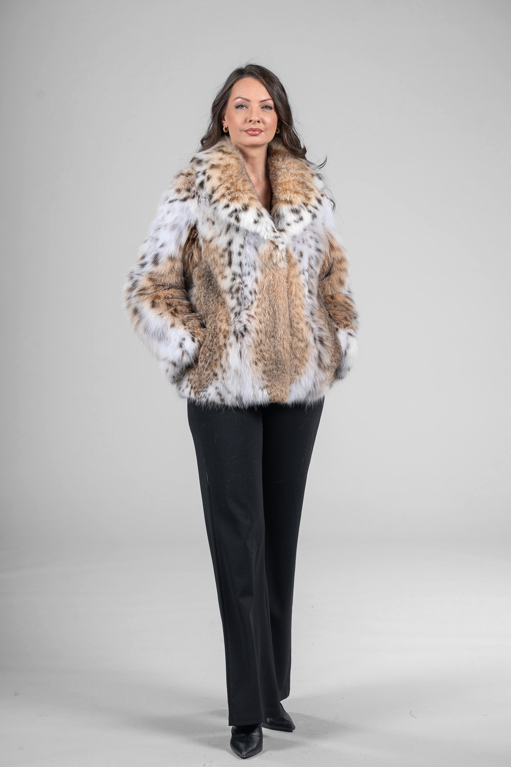 Bobcat Fur Jacket with Notch Collar in Natural Spotted Pattern 13C528S20