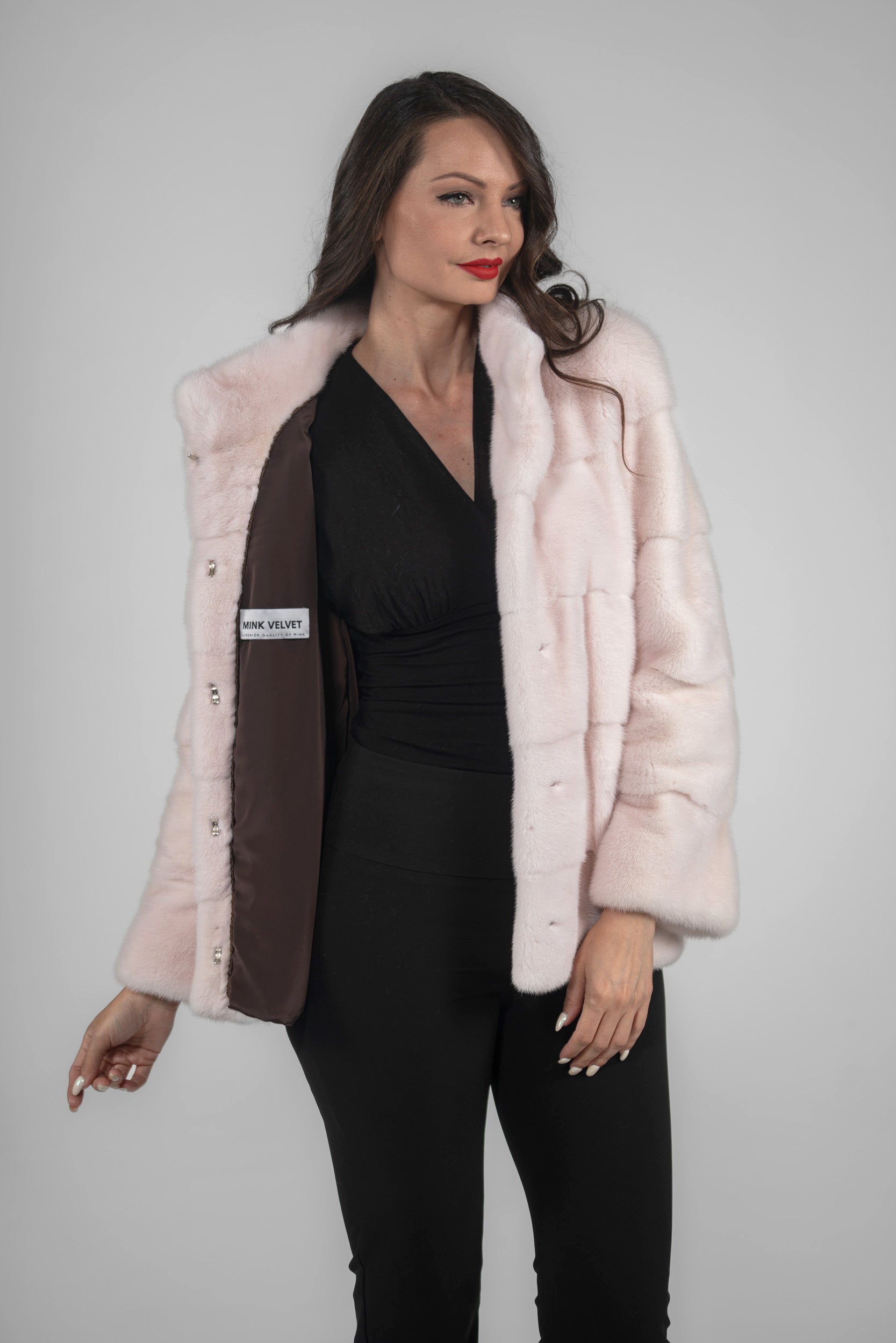 Powder Pink Mink Jacket with Stand Collar P/K13C528