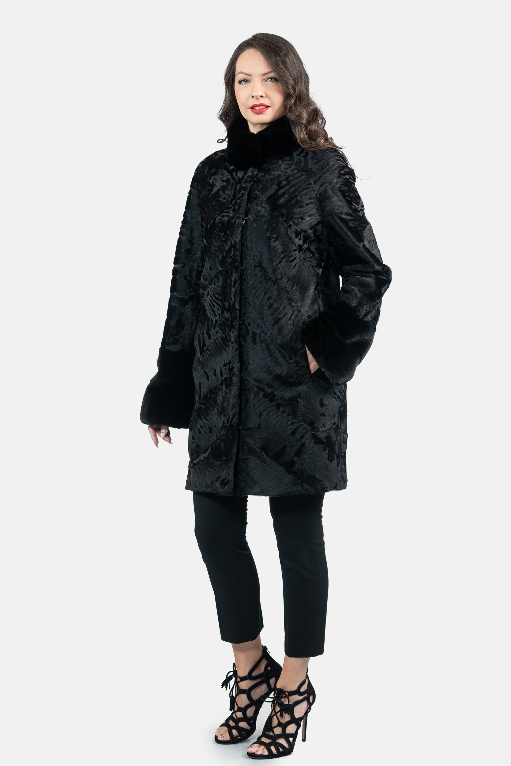 Black Swakara Half Coat With Mink Trim A/K13C530