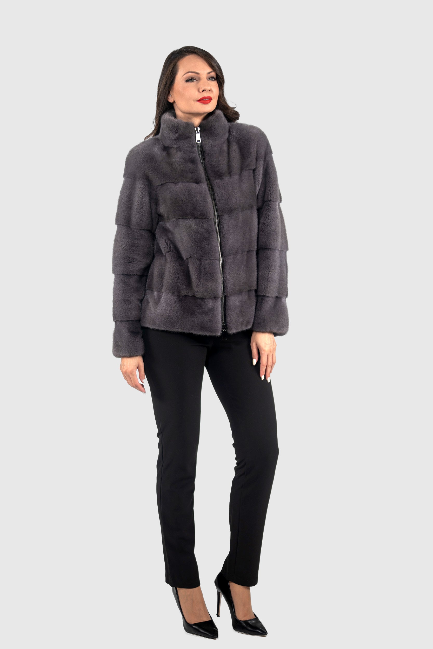 Grey Moon Mink Jacket with Stand Collar and Zipper P/K13C224