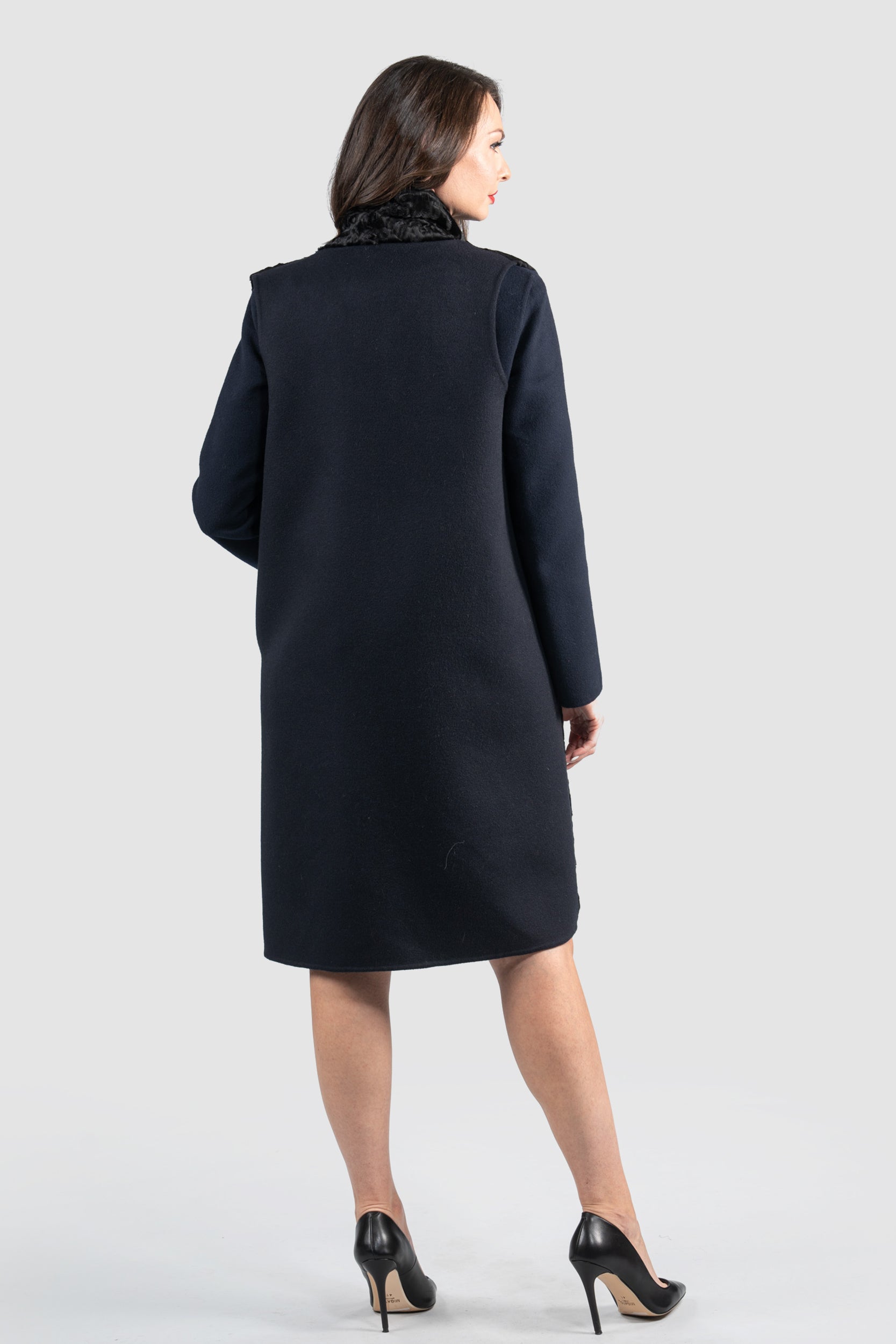 Blue Black Cashmere Half Coat & Vest with Swakara Trim 17C8003
