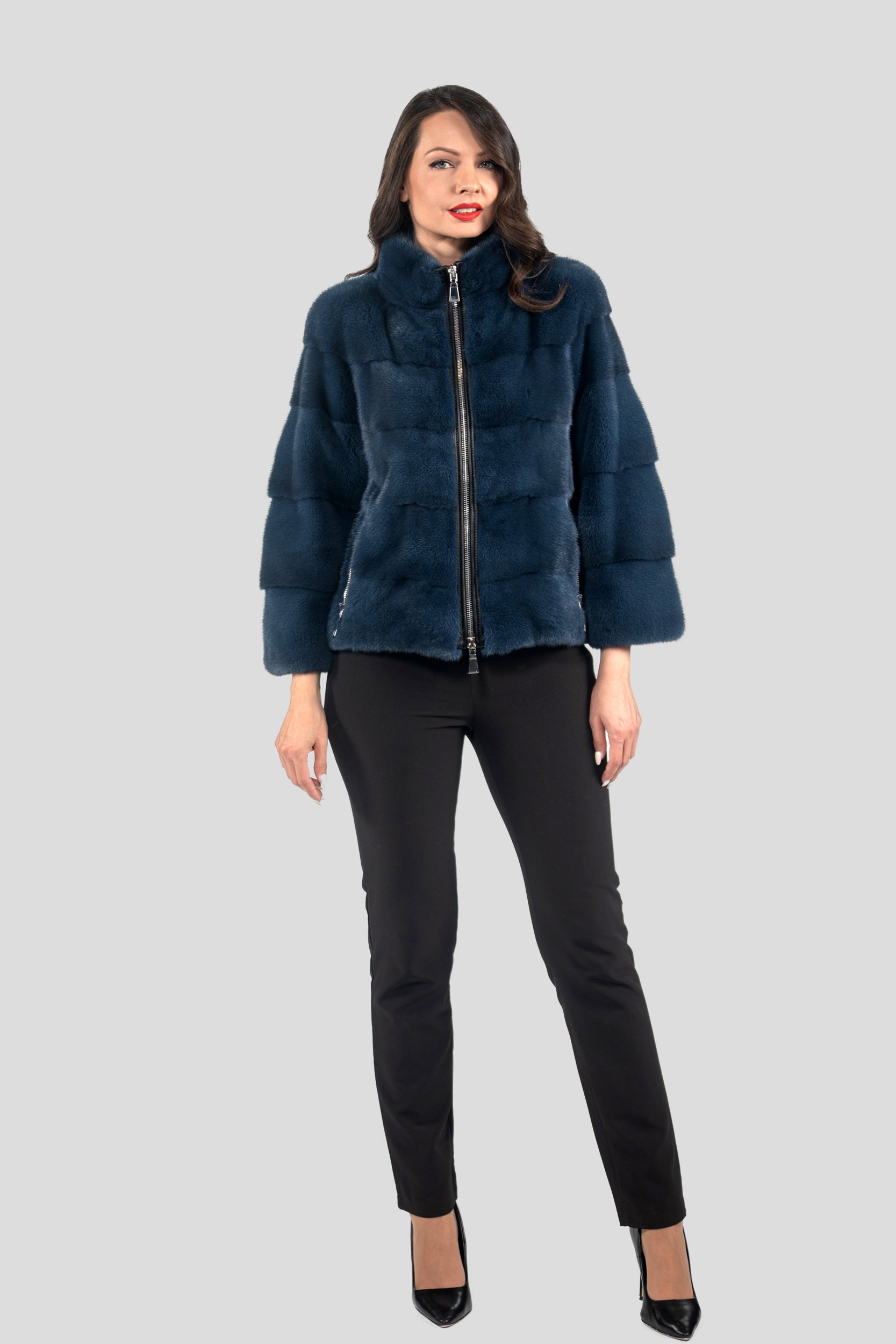 Blue Jean Mink Jacket with Stand Collar and Zipper P/K13C224