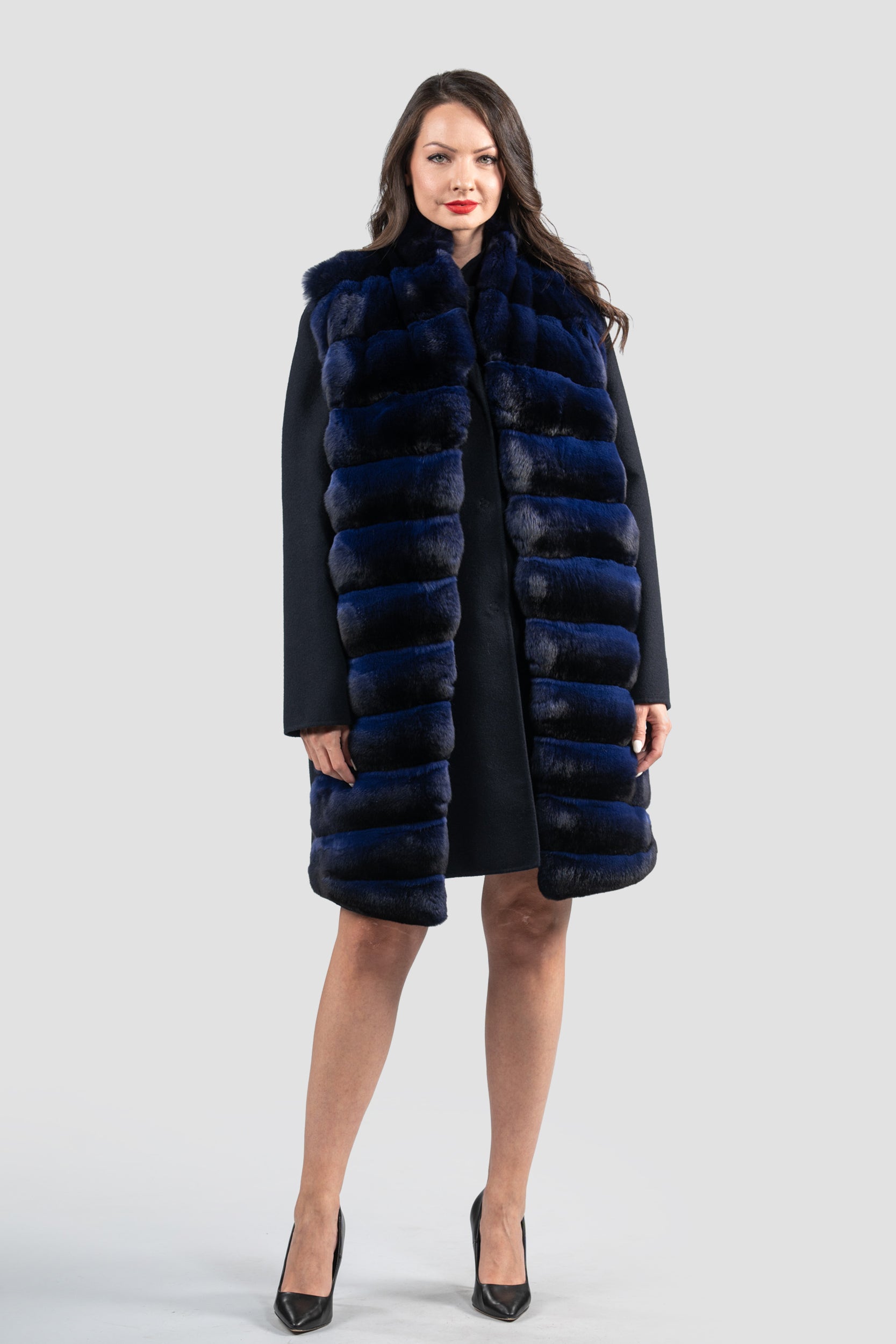 Blue Black Cashmere Half Coat & Vest with Chinchilla Trim 17C8003