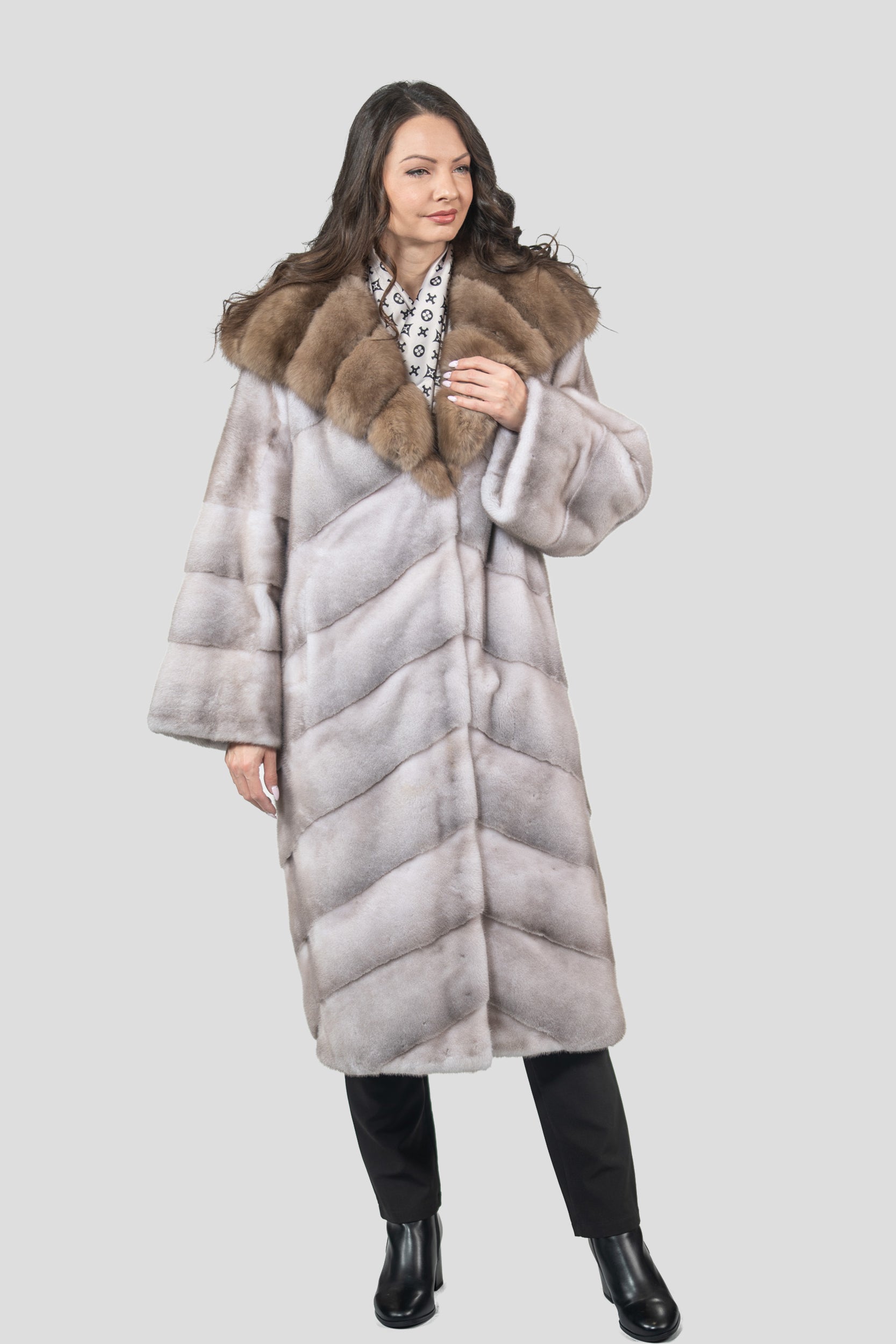 Silver Blue Mink Coat with Russian Sable Hood A/K13C850