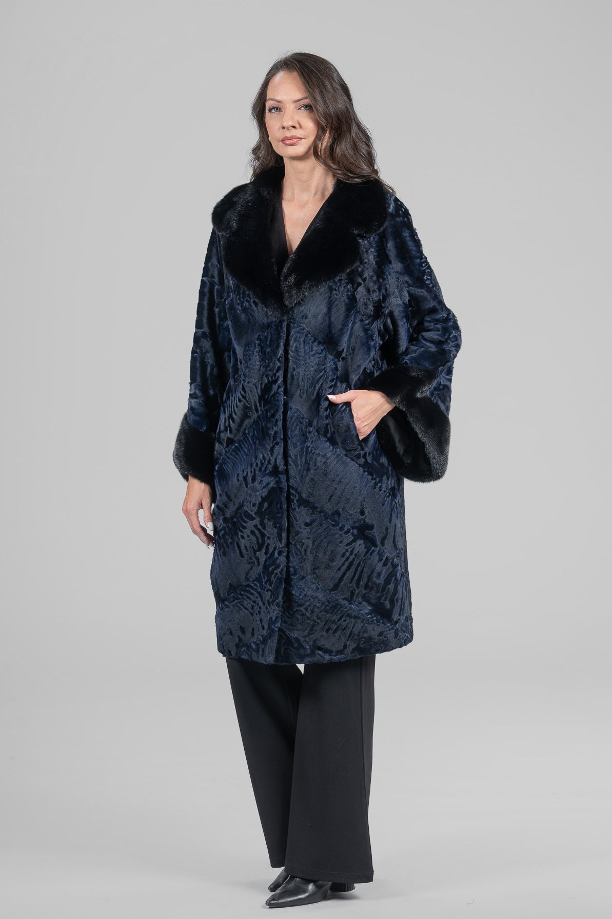 Blue-Black Swakara Half-Coat Mink Trim with Notch Collar A/K13C848gs20v30