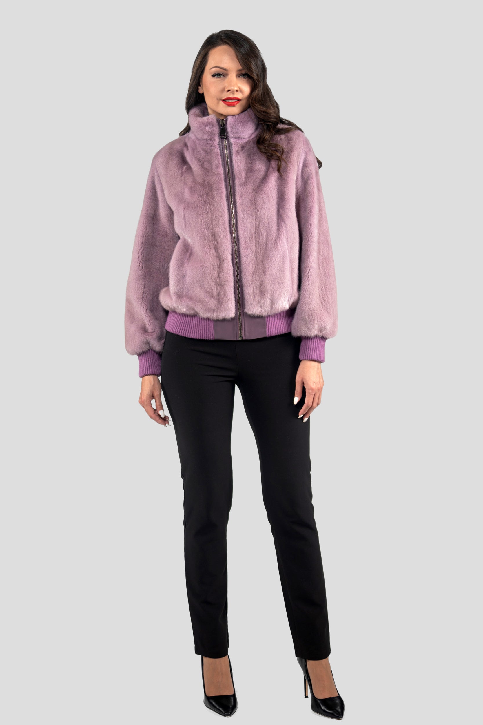 Dark Violet Mink Bomber Jacket with Stand Collar L/O13C224