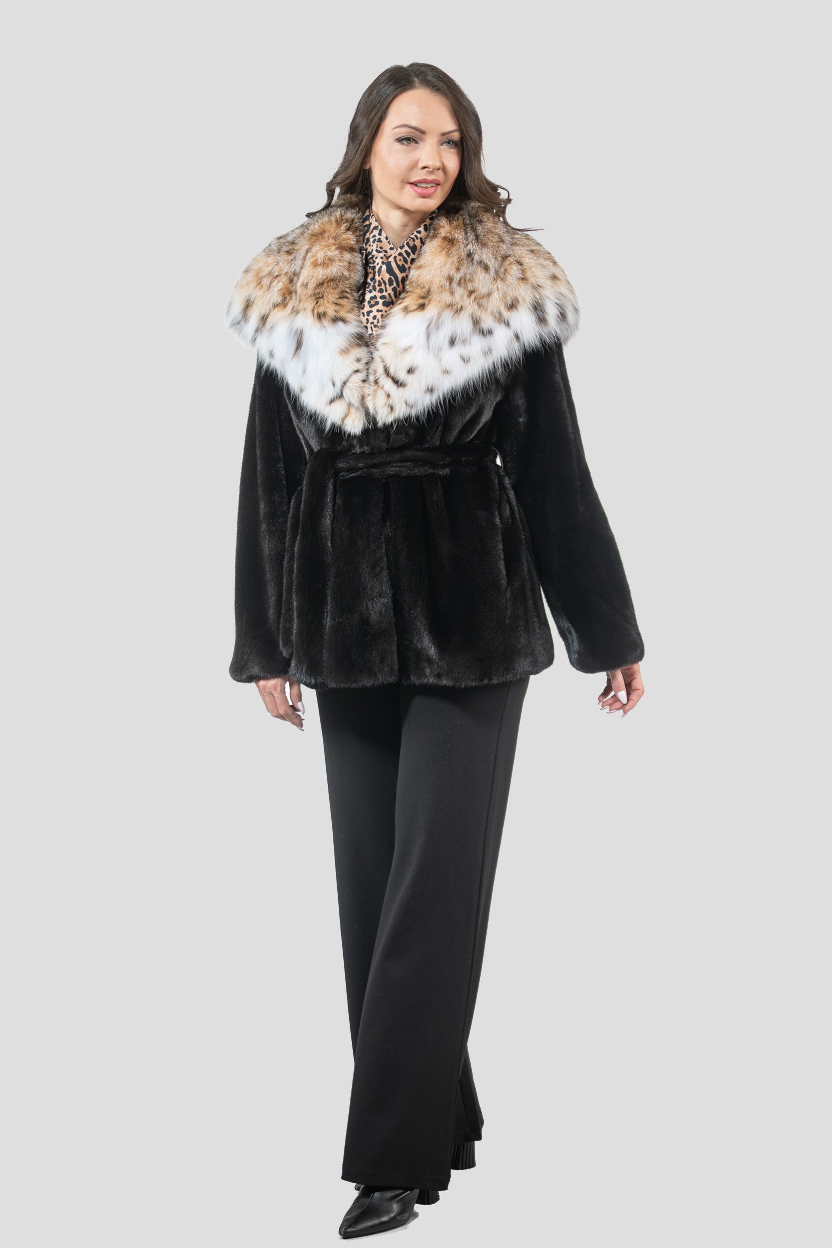 Blackglama Mink Half Coat with Bobcat Hood L/O13C978