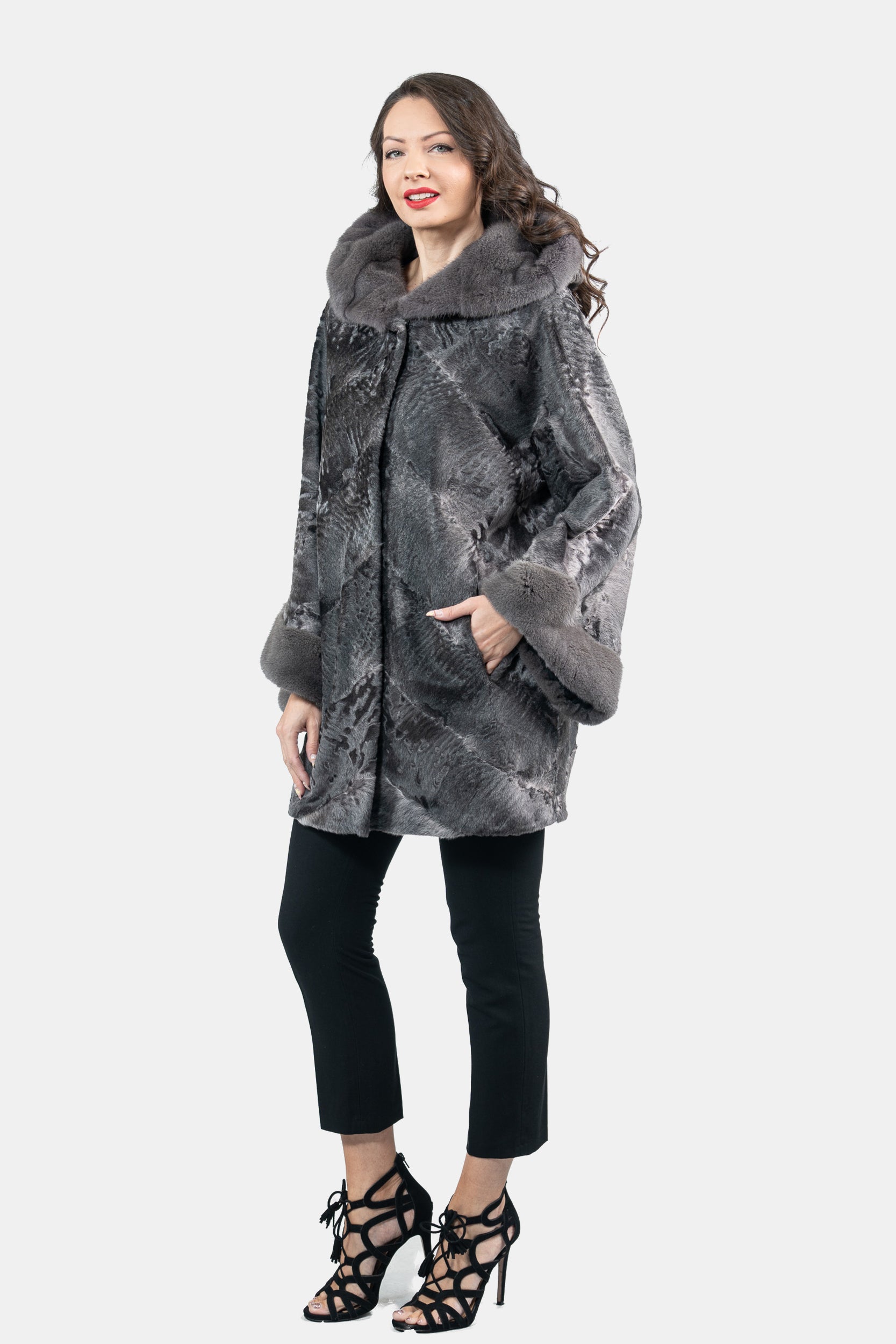 Grey Moon Swakara Half Coat with Mink Trim A/K850V30