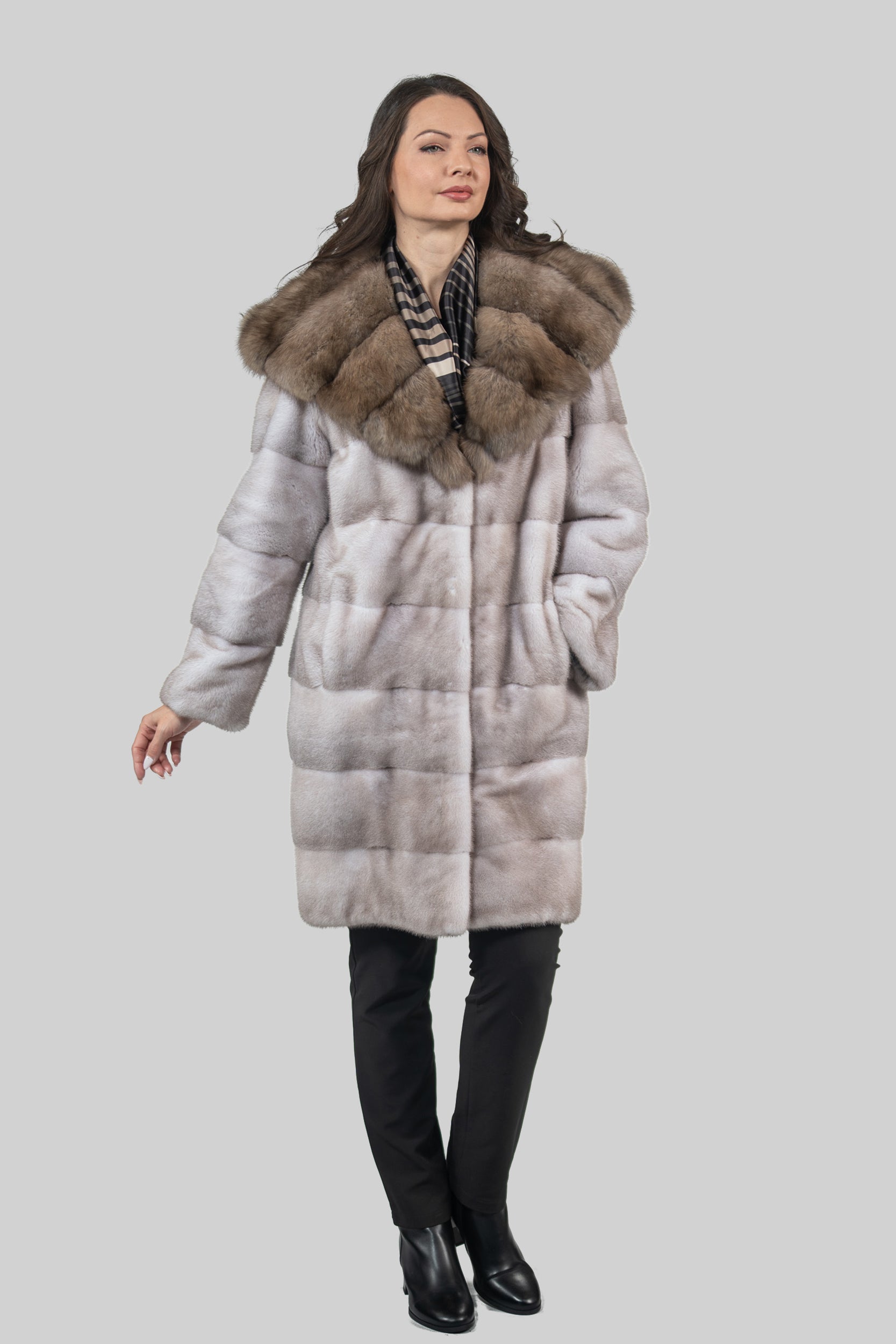 Silver Blue Mink Half Coat With Russian Sable Hood P/K13C540