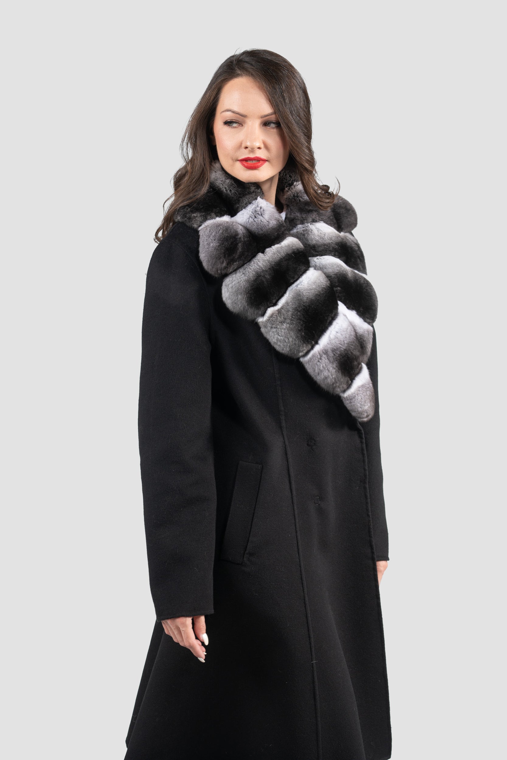 Black Cashmere Coat with Chinchilla Notch Collar 19C8250