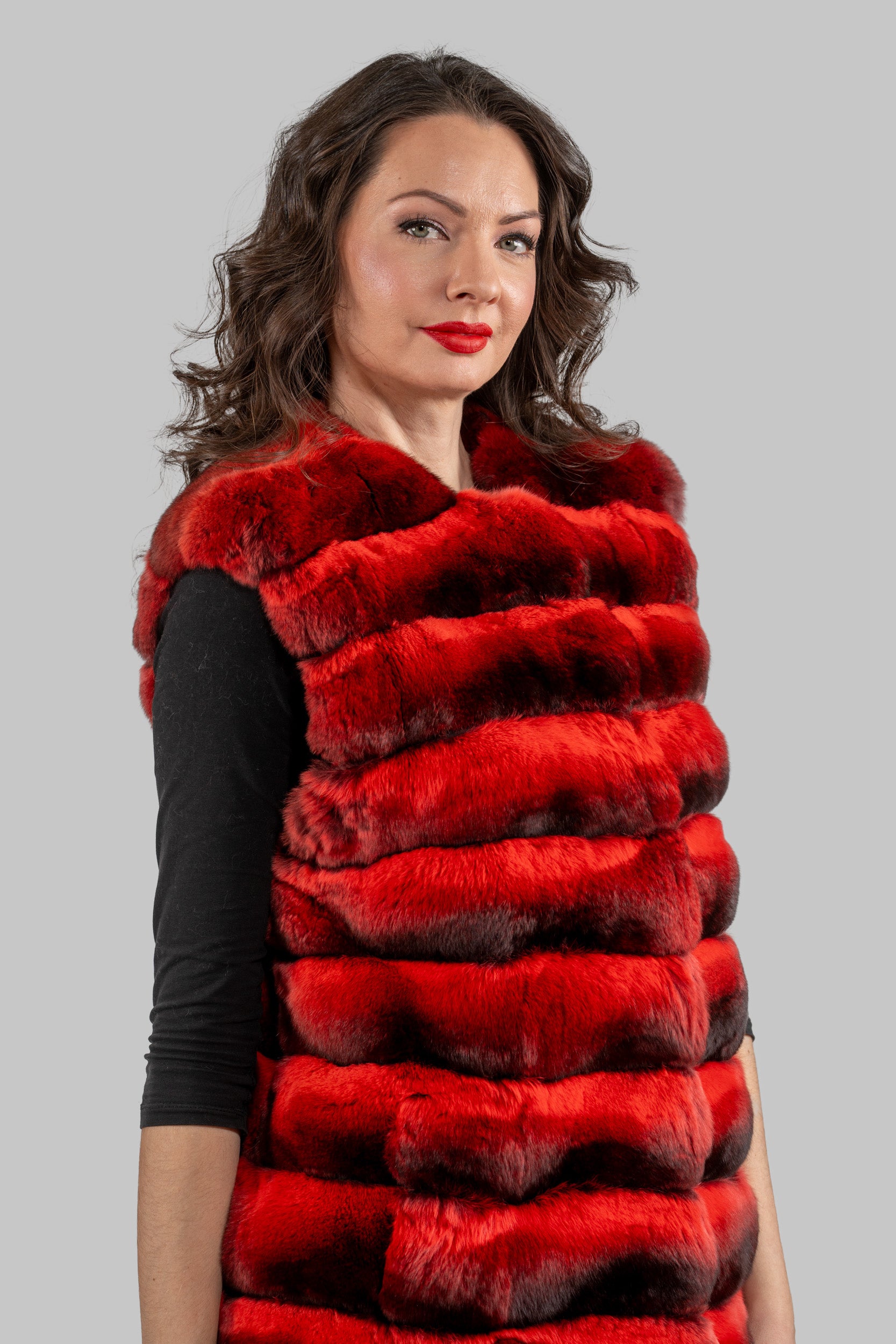 Collarless Crimson Red Chinchilla Vest P/K13C519