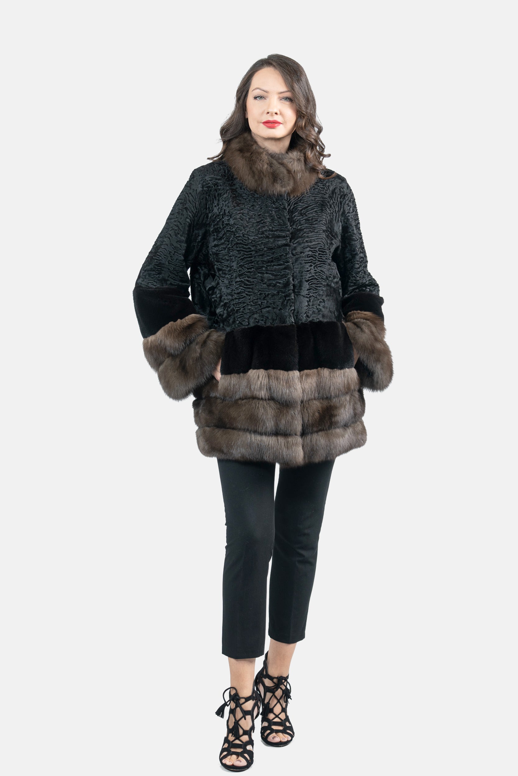 Black Swakara Half Coat with Mink and Russian Sable Trim S/SR/K16C777