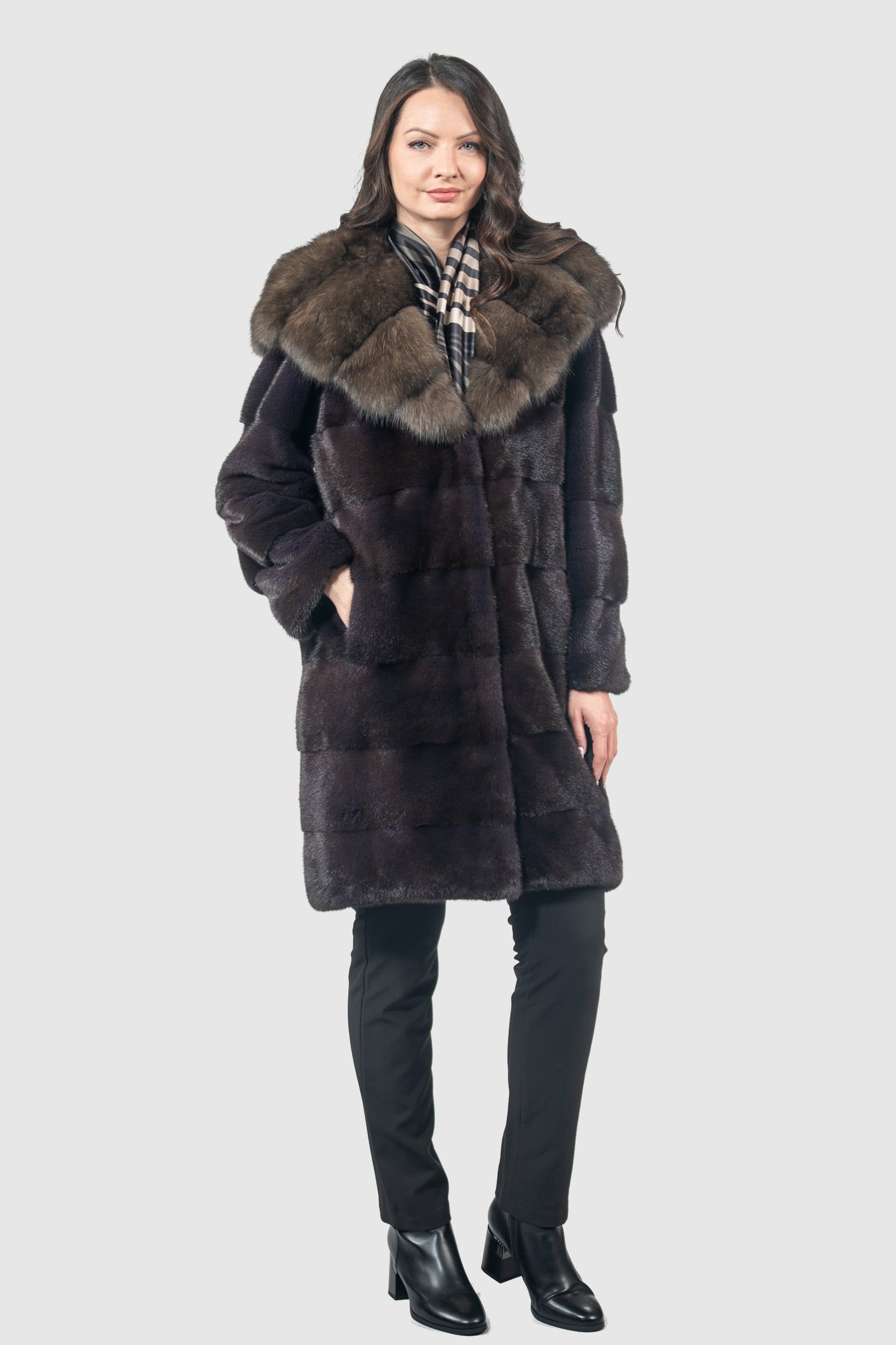 Aubergine Mink Half Coat with Russian Sable Hood P/K13C540