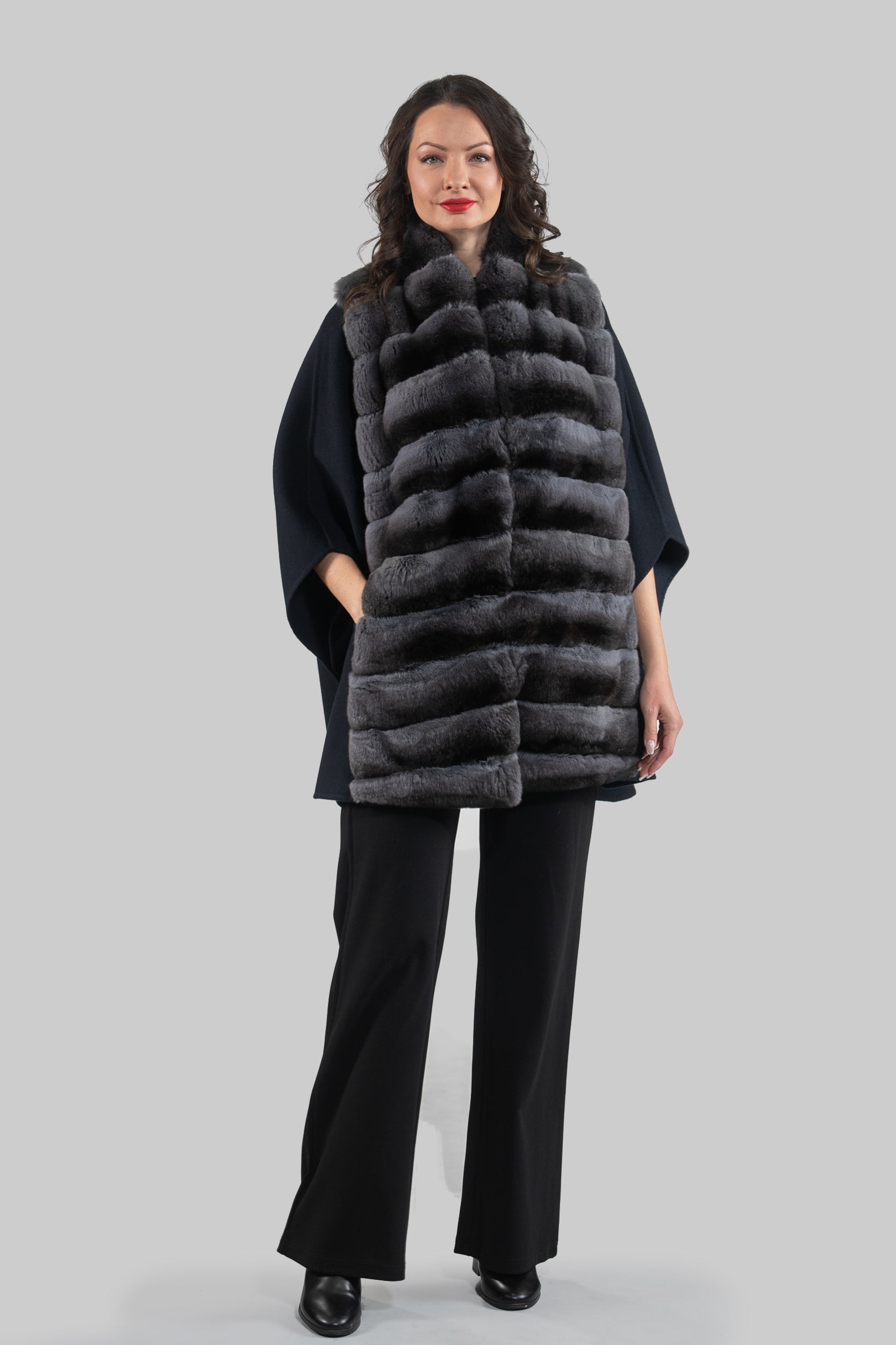 Blue Black Cashmere Cape with Oracle Chinchilla Trim 18M950