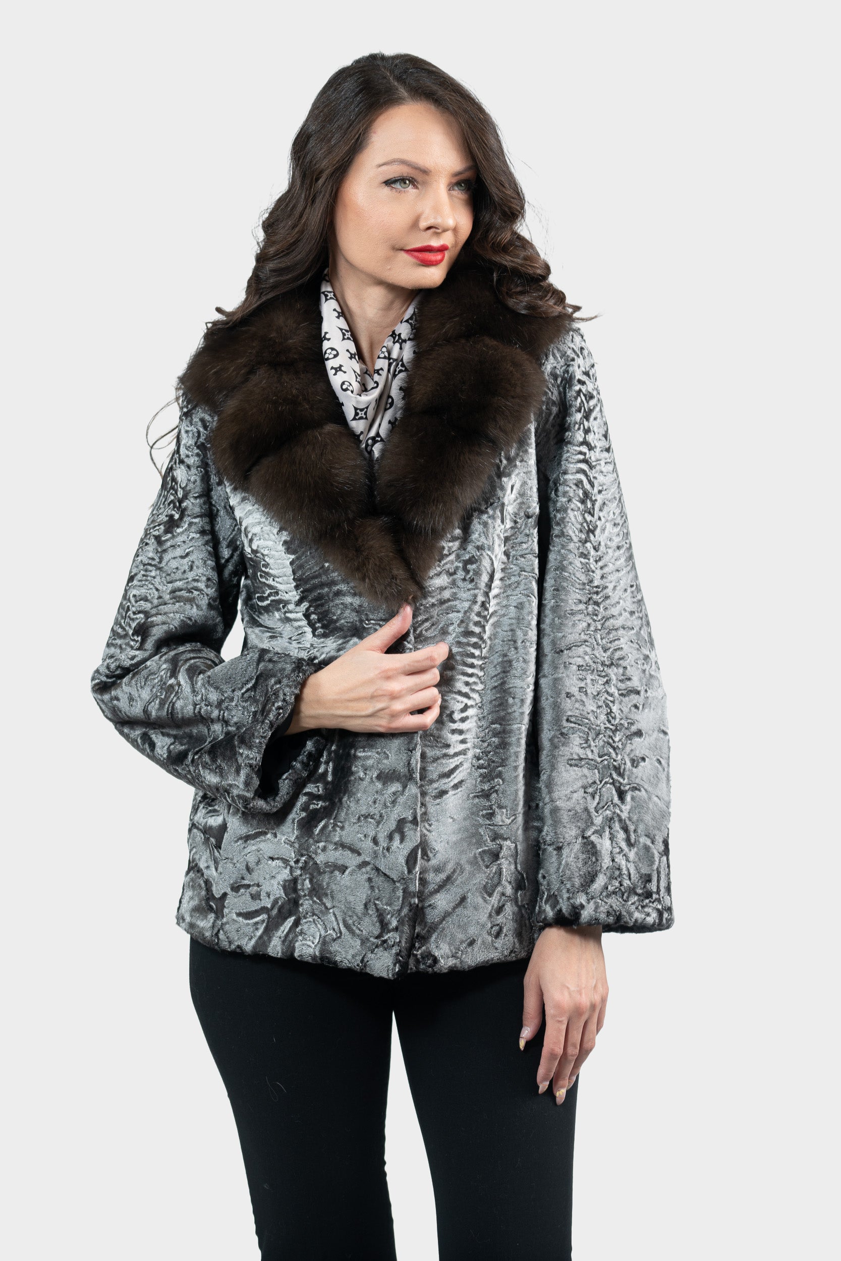 Silver Swakara Jacket with Russian Sable Notch Collar S/S13C528
