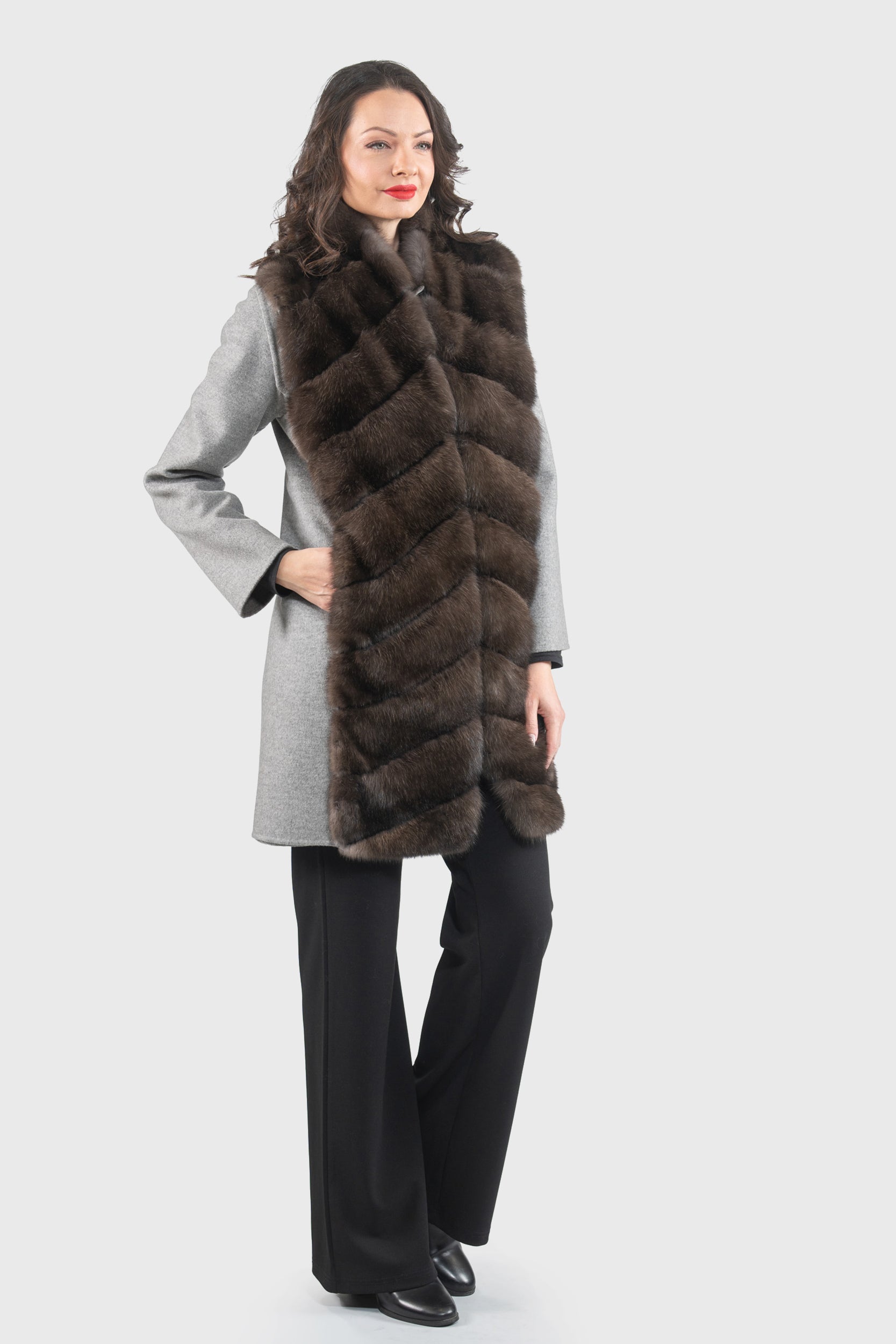 Grey Cashmere Half Coat & Vest with Russian Sable Trim 17C8003