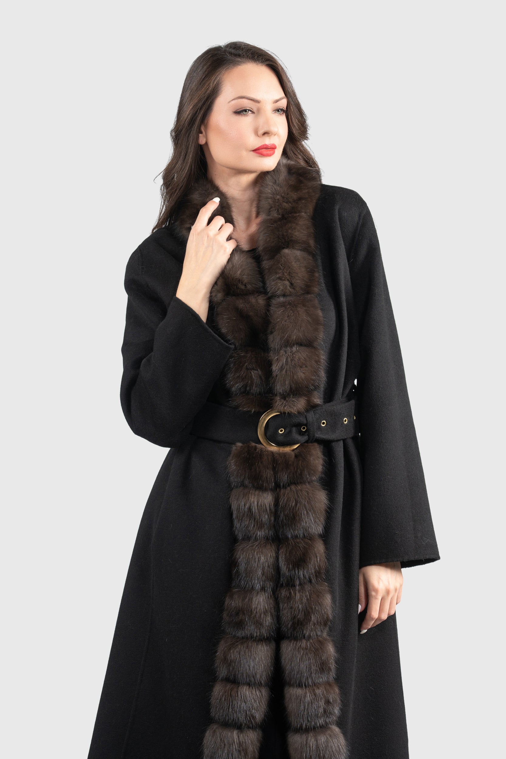 Black Cashmere Coat with Russian Sable Trim 21C6080