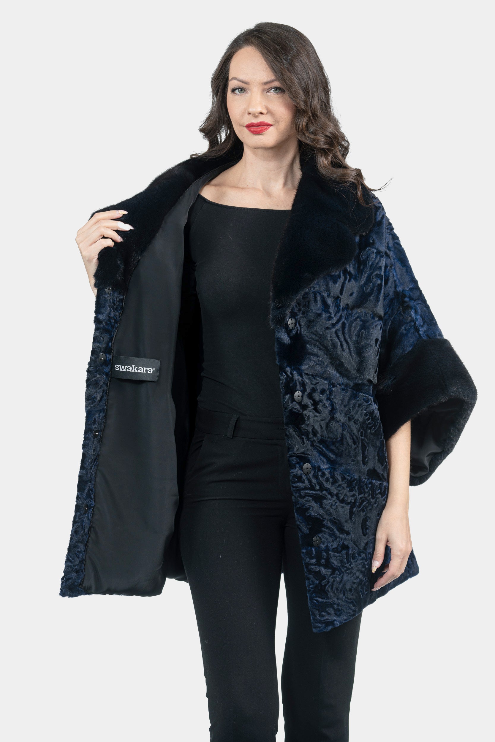 Blue Black Swakara Cape with Mink Notch Collar S/S929