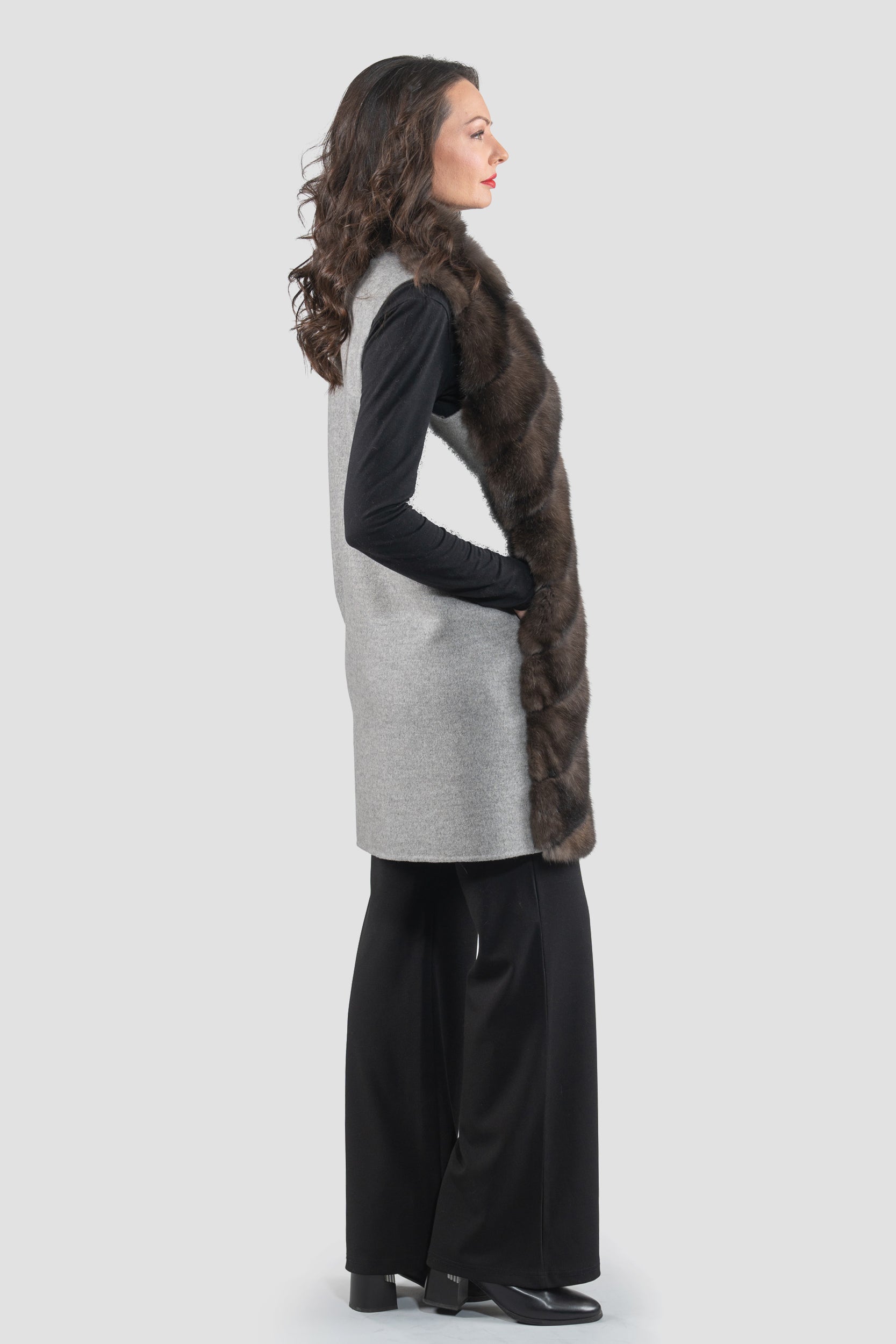 Grey Cashmere Vest with Russian Sable Trim 17C8003