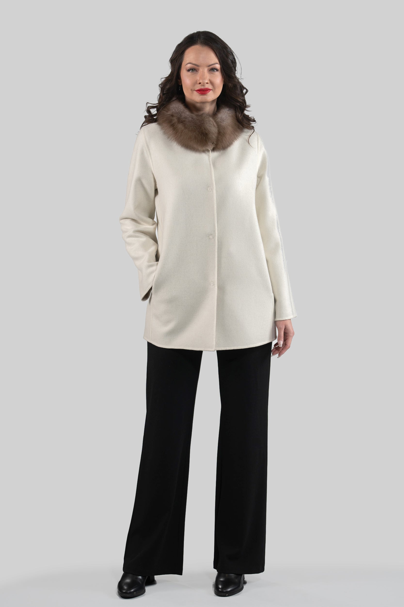 White Cashmere Jacket with Russian Sable Trimmed Stand Collar 17C8003G530