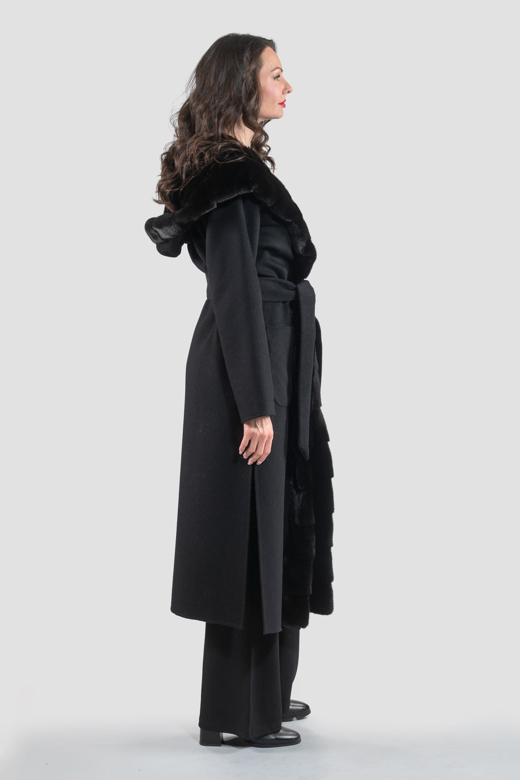 Black Cashmere Hooded Coat with Mink Trim 21C6080H