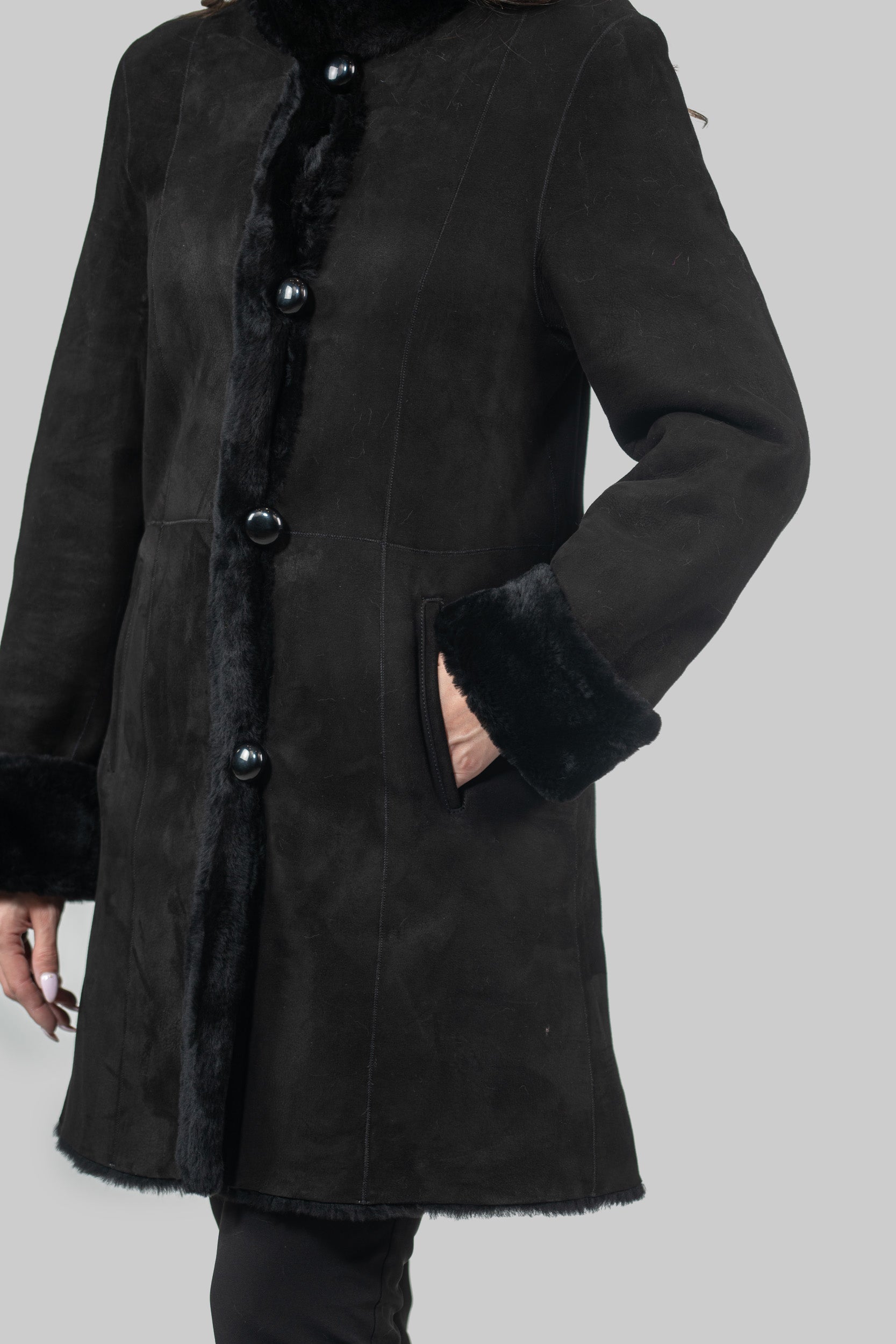Black Half Coat In Spanish Merino with Stand Collar 207