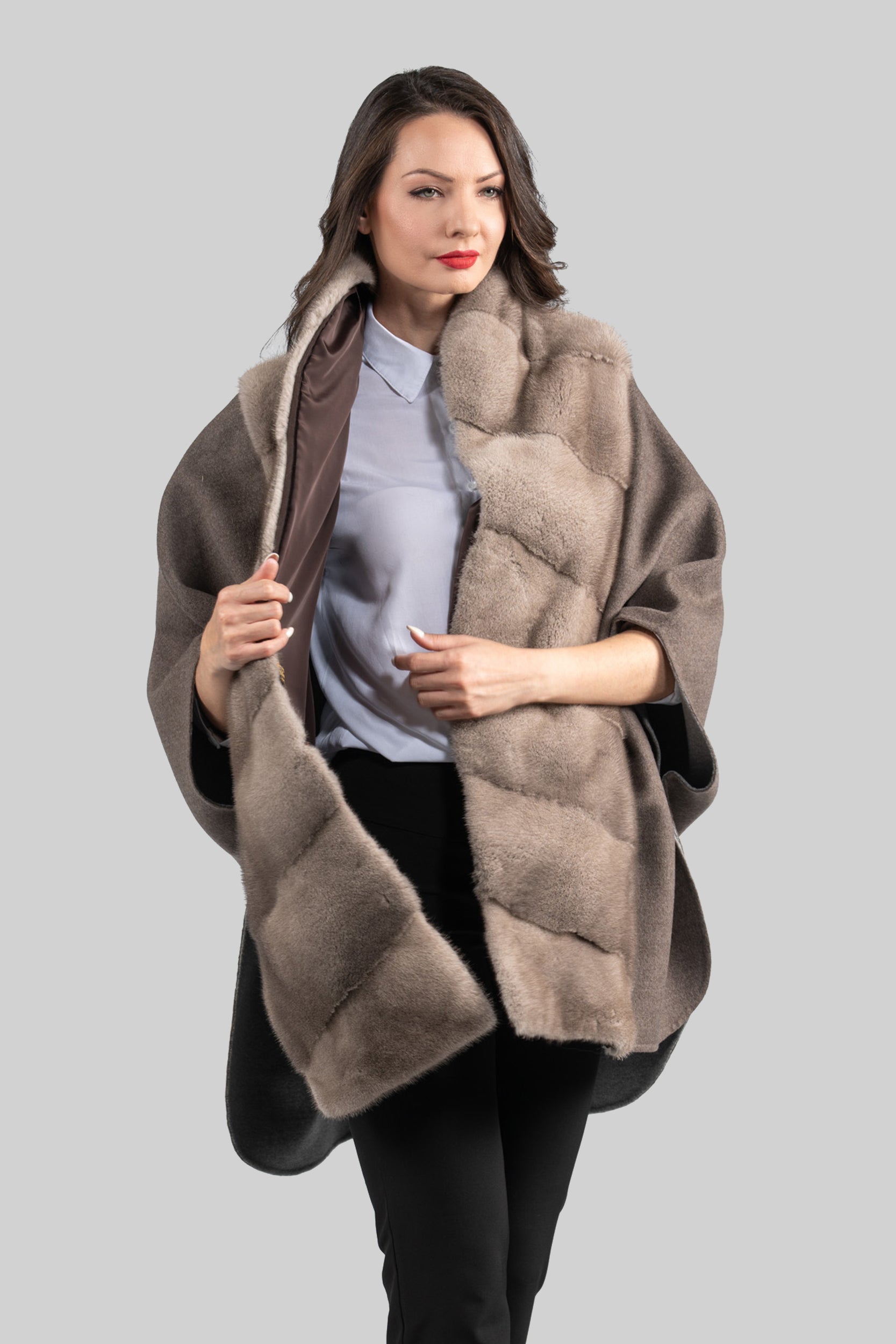 Brown Grey Cashmere Cape with Mink Trim 18M950