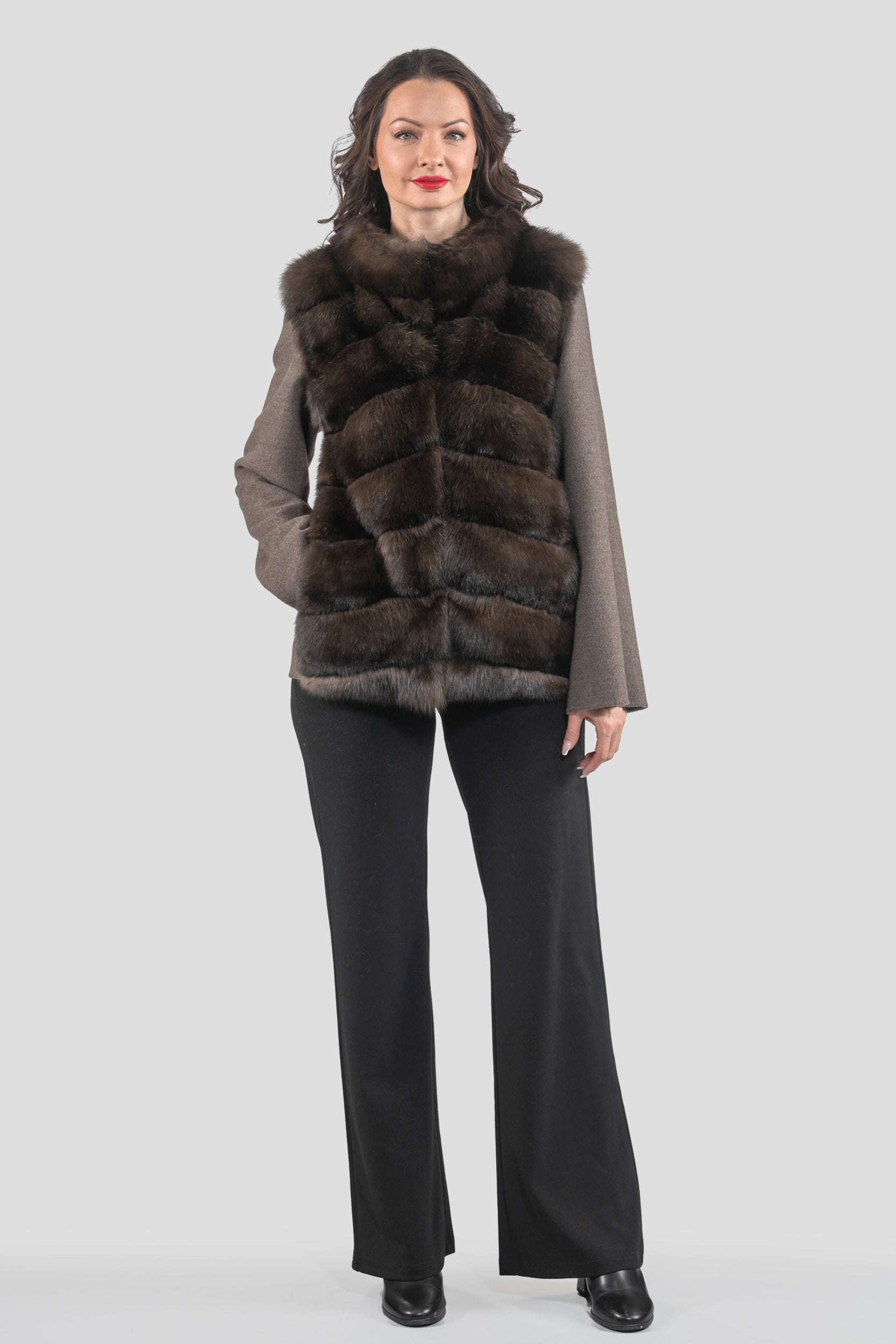 Brown Grey Cashmere Jacket with Baumarten Fur Trim 17C8003G530