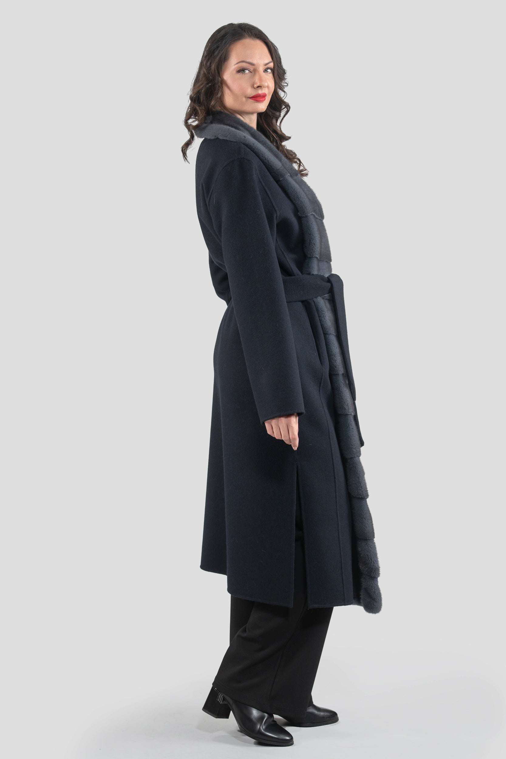 Blue Black Cashmere Coat with Mink Trim 3321