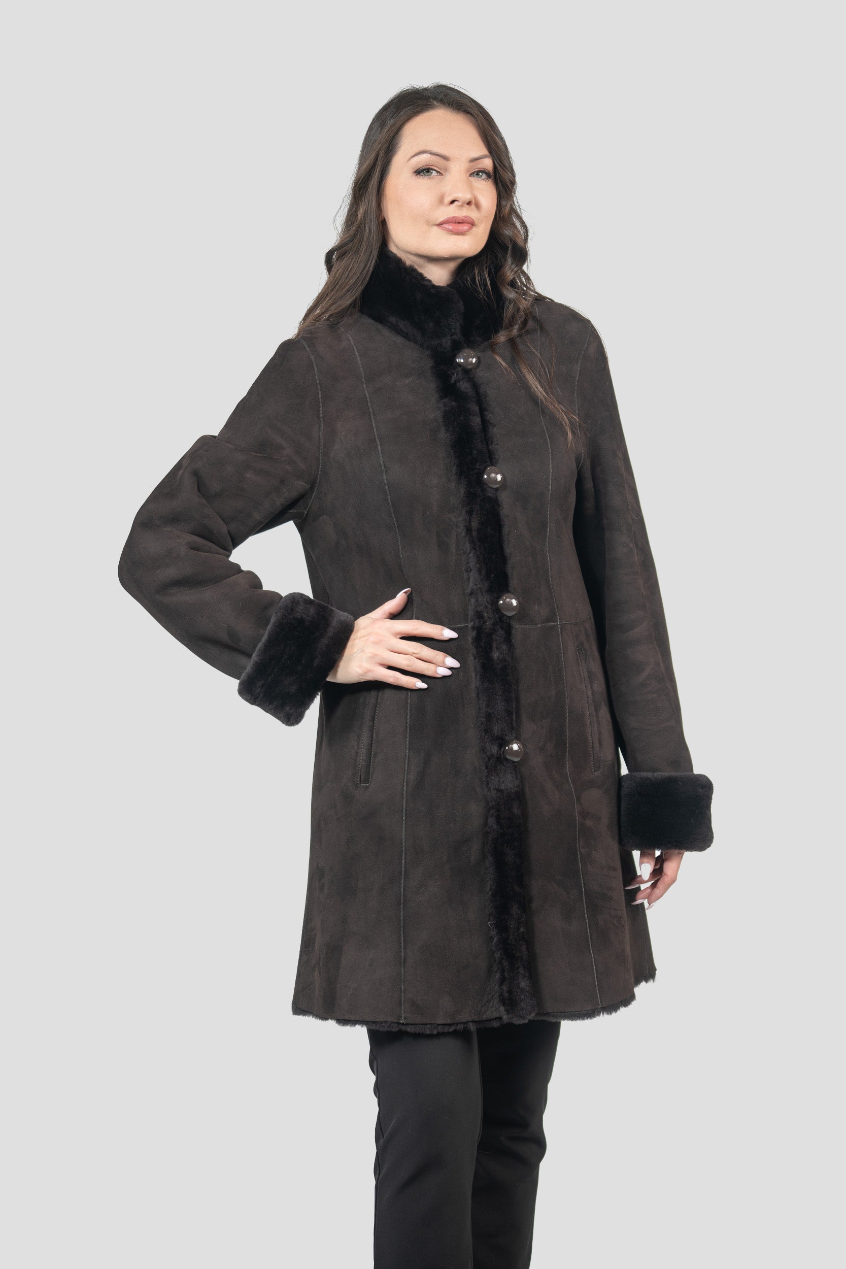 Brown Half Coat In Spanish Merino with Stand Collar 207