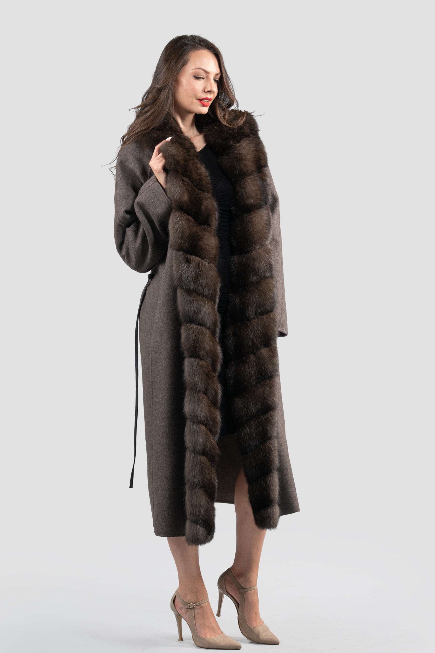 Brown Grey Cashmere Coat with Russian Sable Trim 22CA310