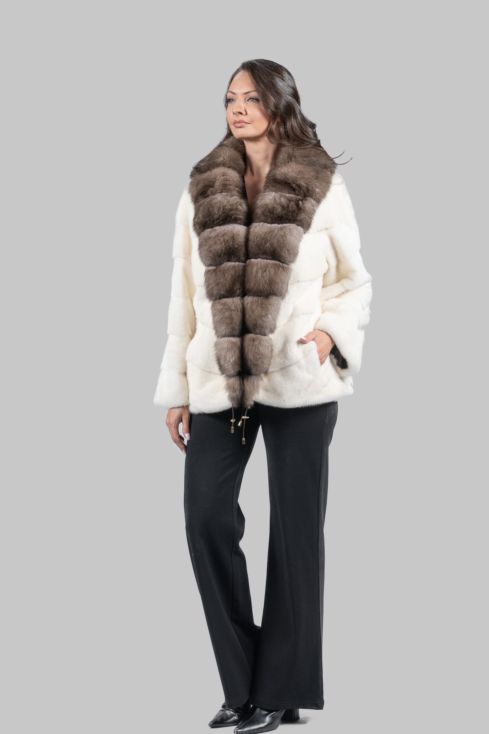 Pearl Mink Jacket with Extended Sable Shawl Collar V/K19C123
