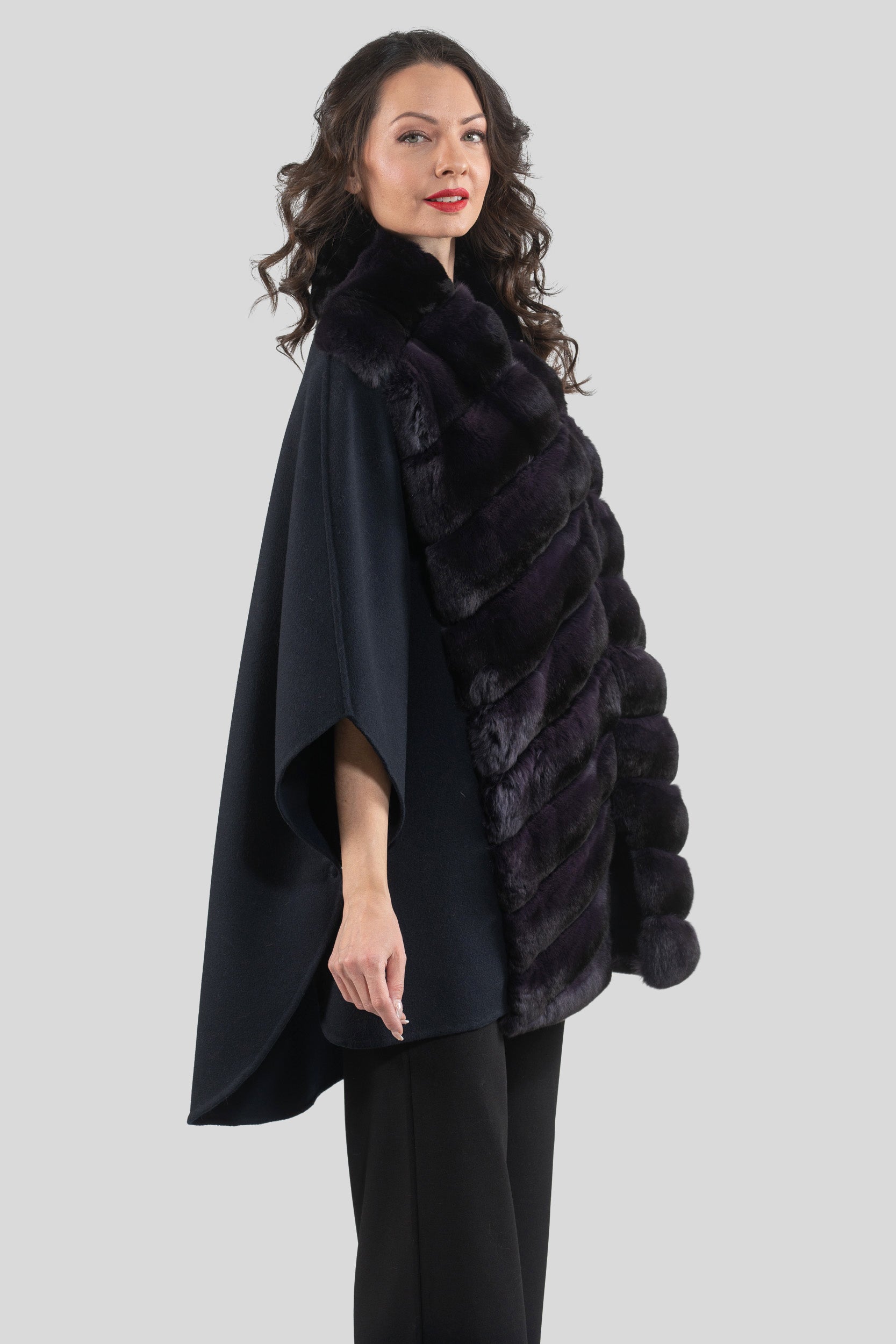 Black Cashmere Cape with Aubergine Chinchilla Trim 18M950