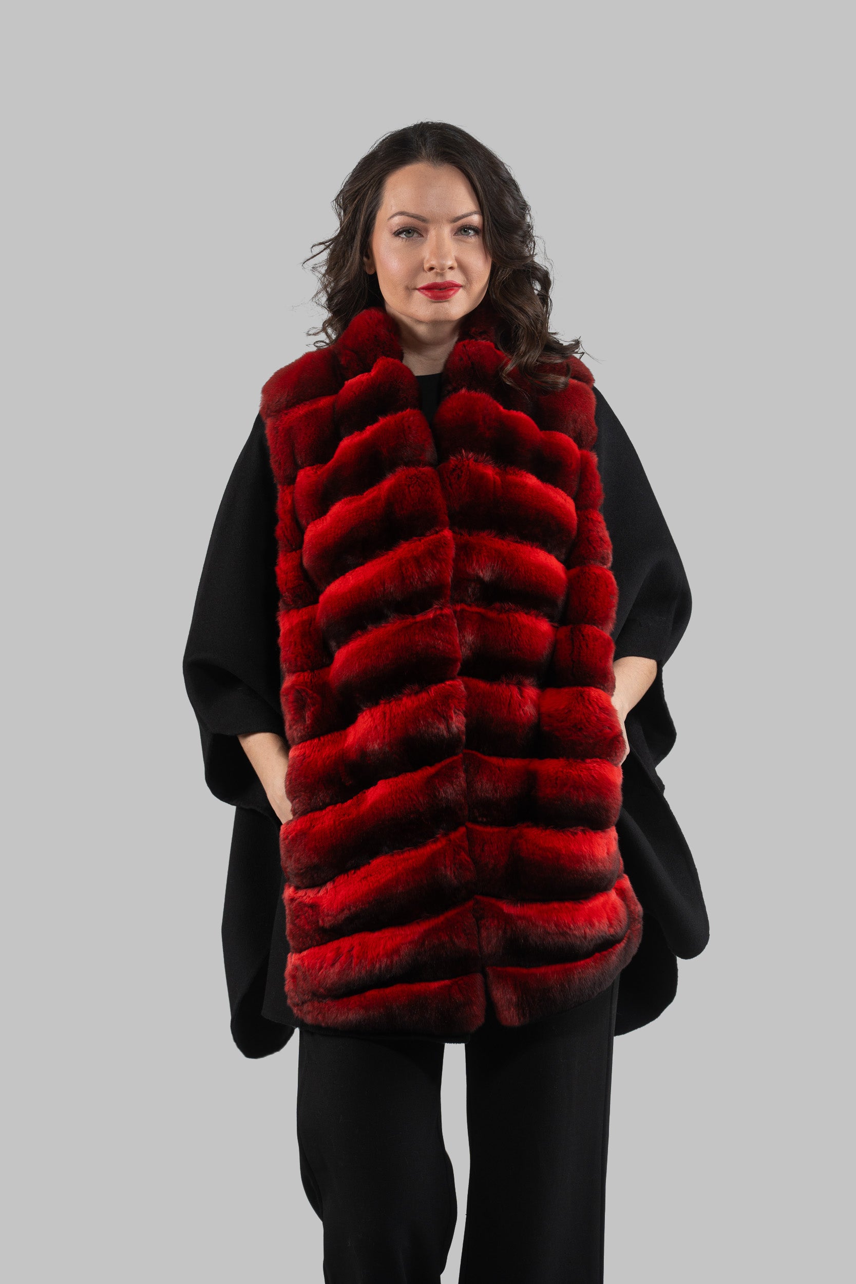 Black Cashmere Cape with Red Chinchilla Trim 18M950