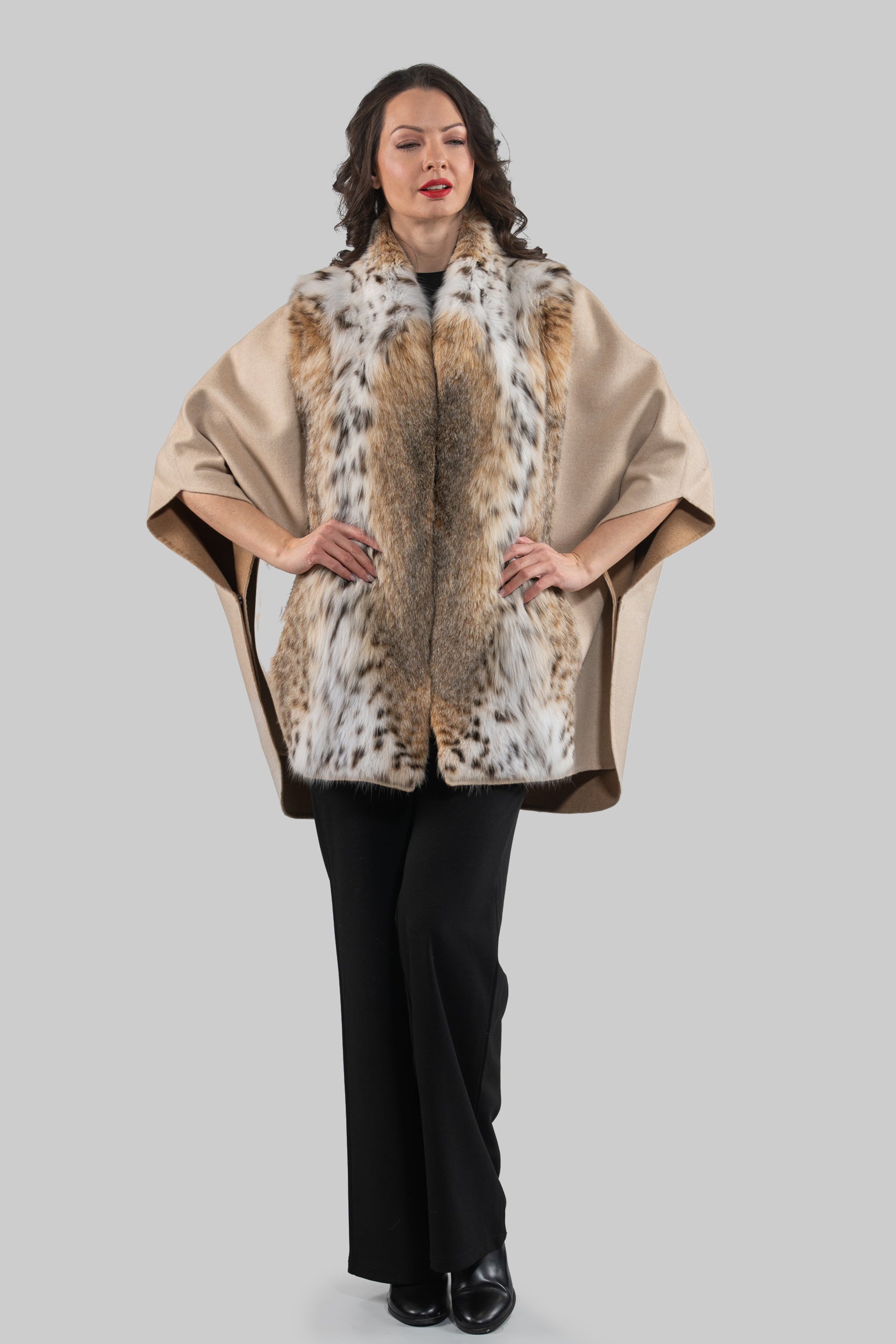 Ecru Cashmere Cape with Bobcat Fur Trim 18M950