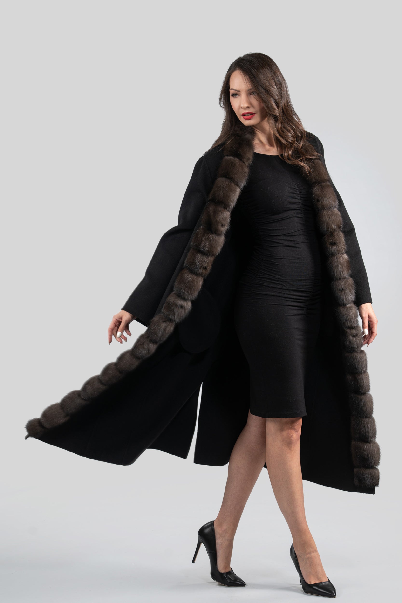 Black Cashmere Coat with Russian Sable Trim 21C6080
