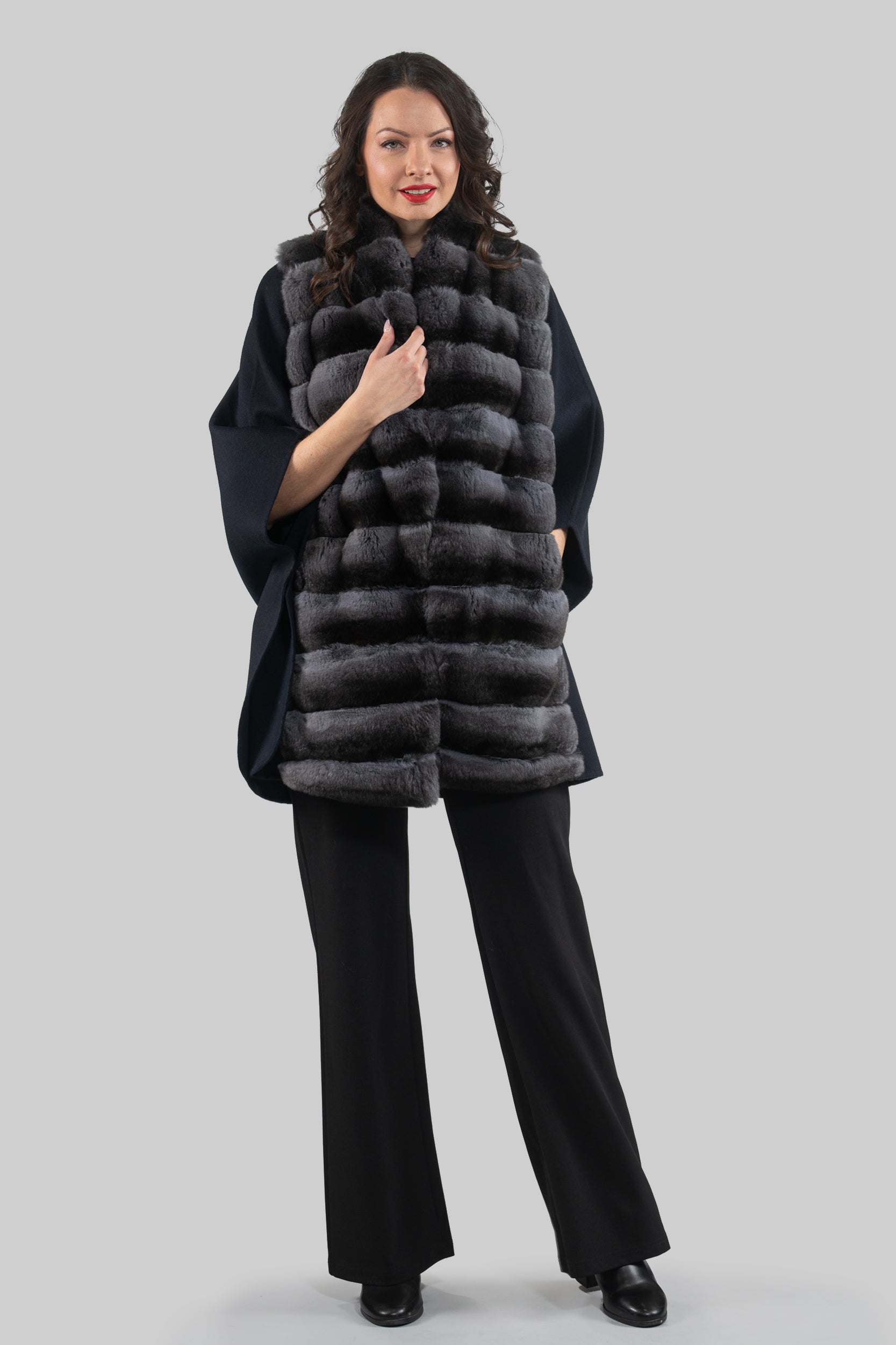 Blue Black Cashmere Cape with Oracle Chinchilla Trim 18M950