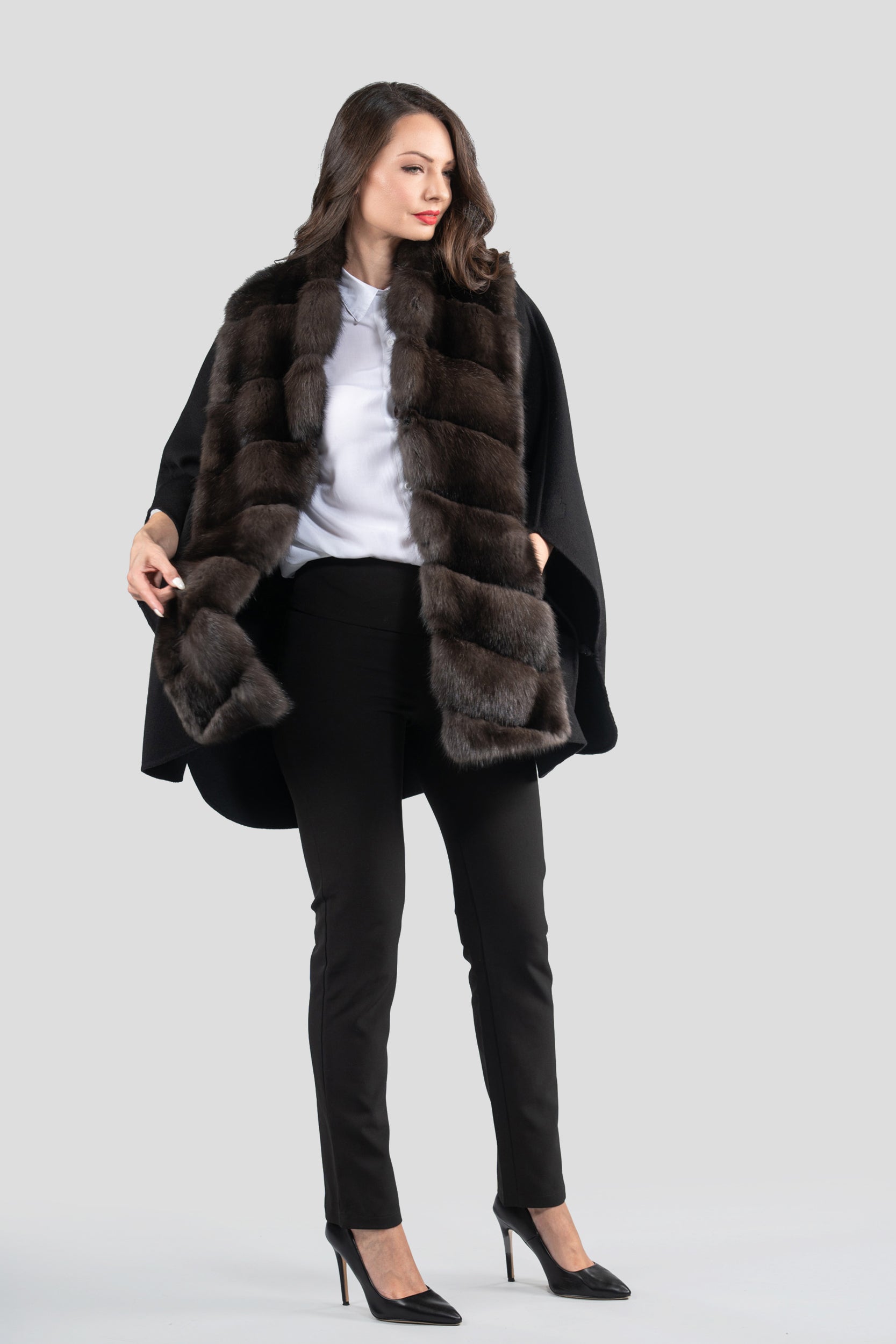 Black Cashmere Cape with Russian Sable Trim 18M950