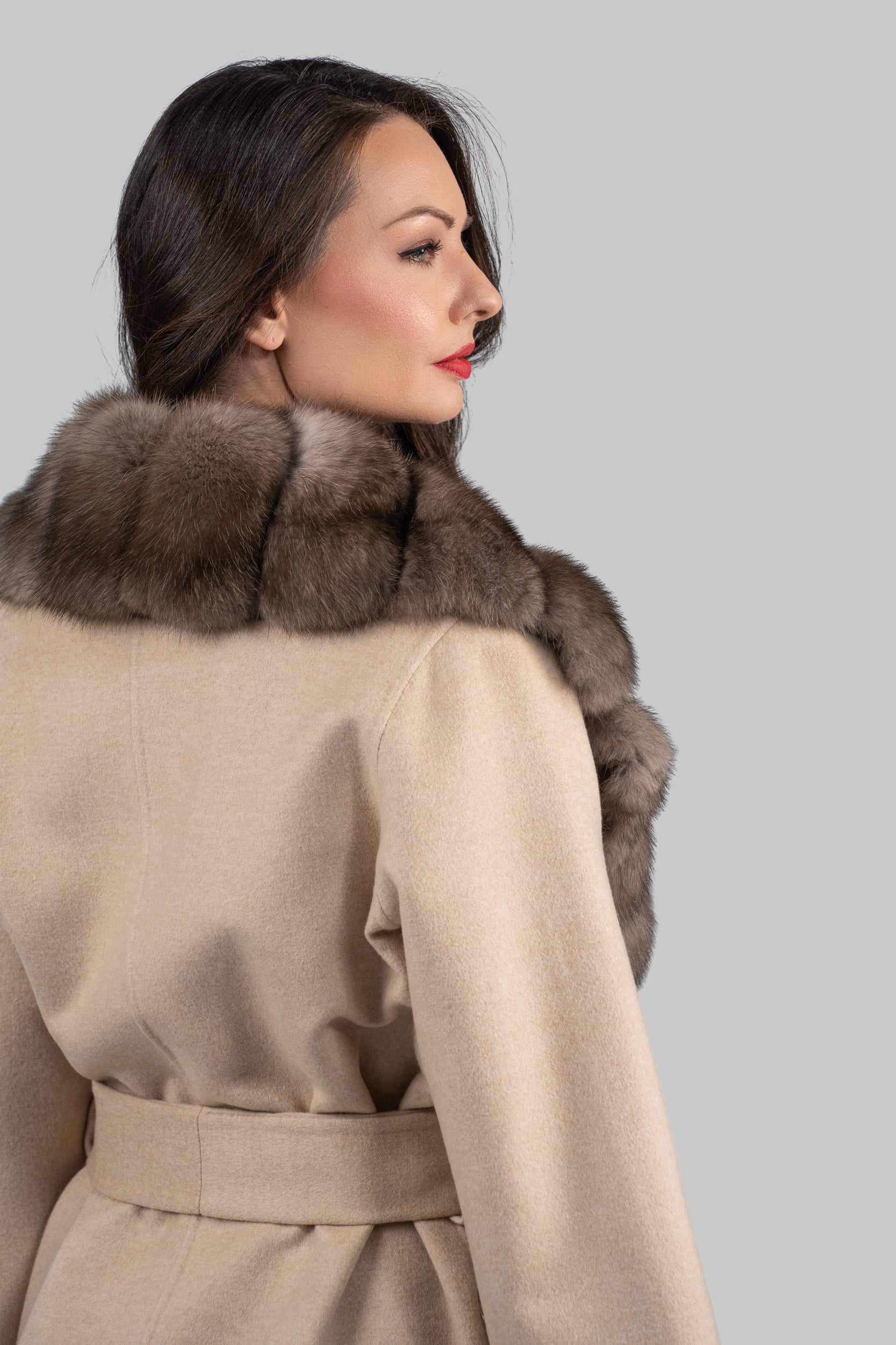 Ecru Cashmere Coat with Russian Sable Notch Collar 22CA235