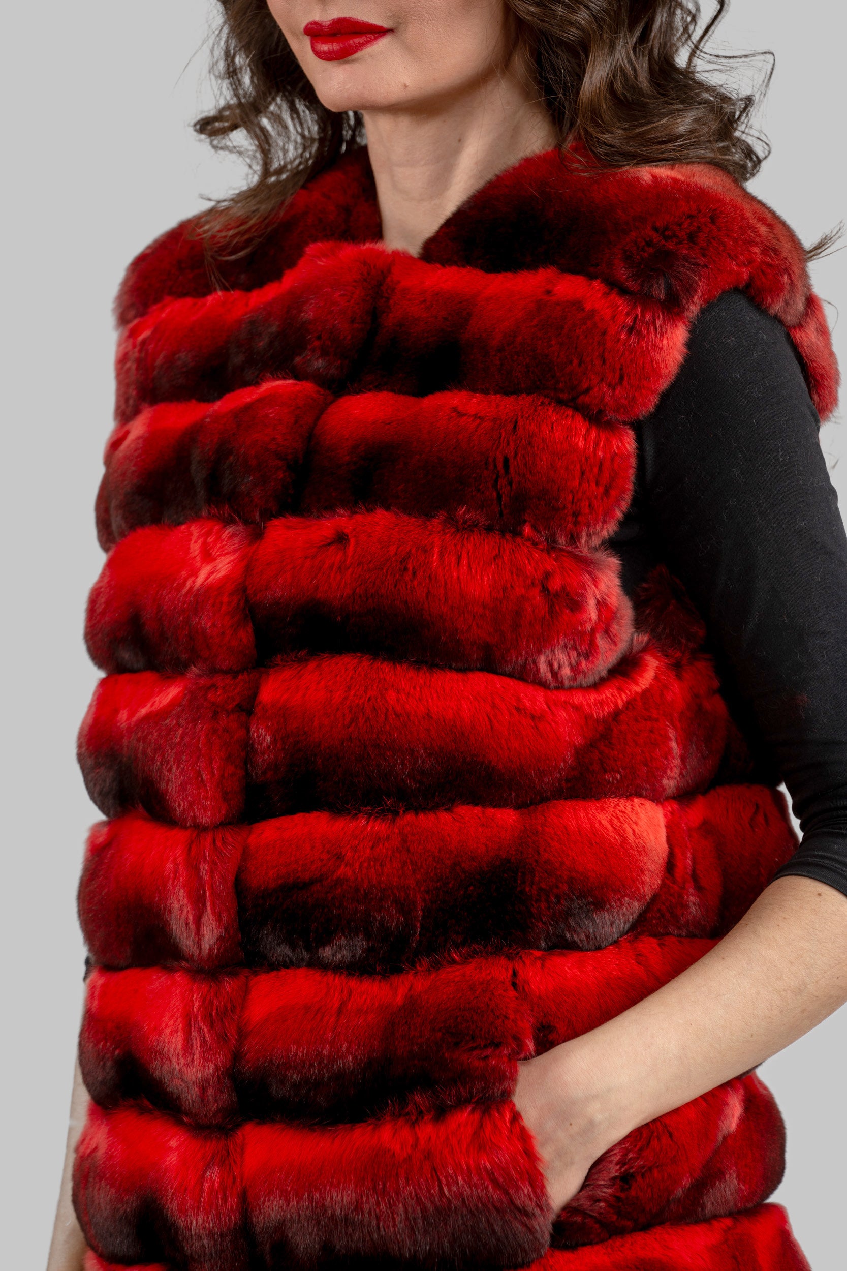 Collarless Crimson Red Chinchilla Vest P/K13C519