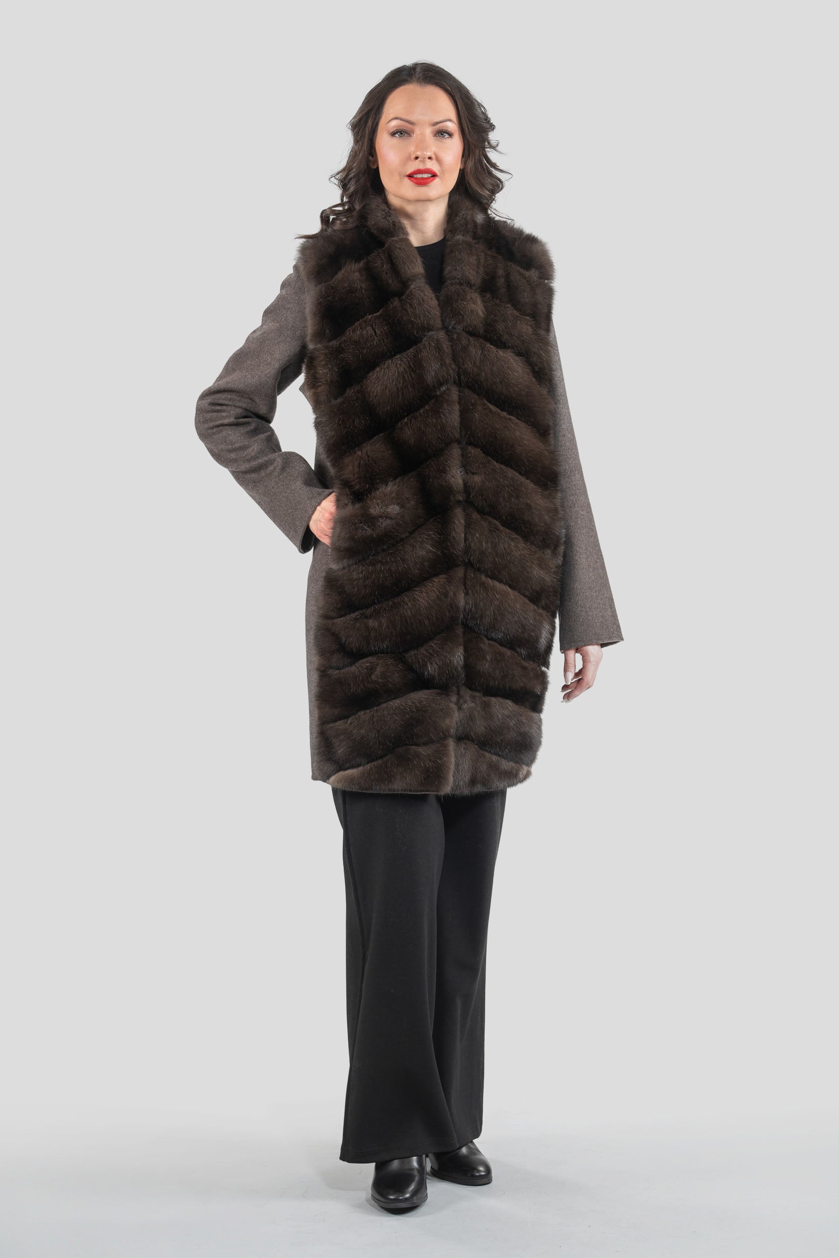 Brown Grey Cashmere Half Coat & Vest with Russian Sable Trim 17C8003s