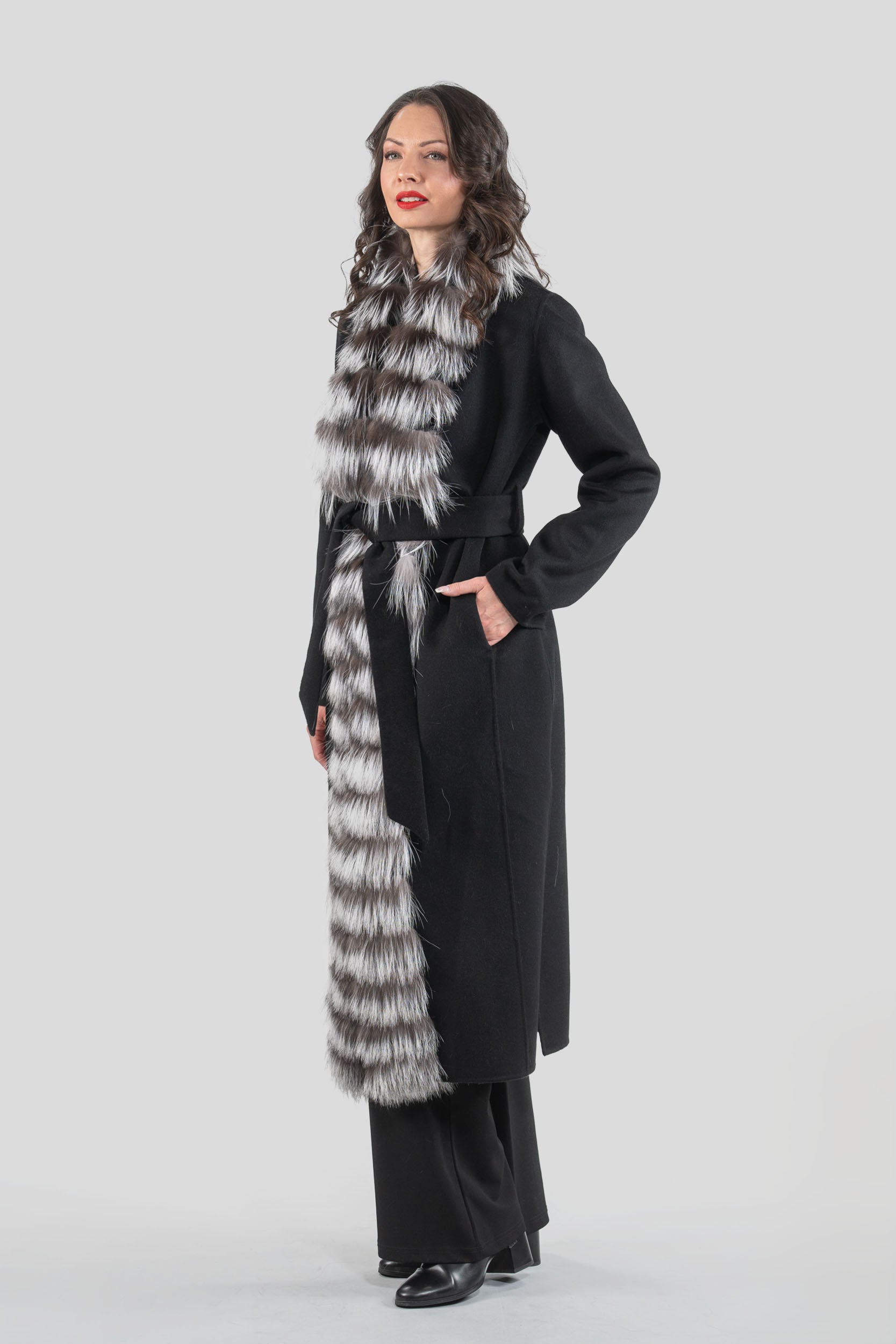 Black Cashmere Coat with Fox Trim 21C6080