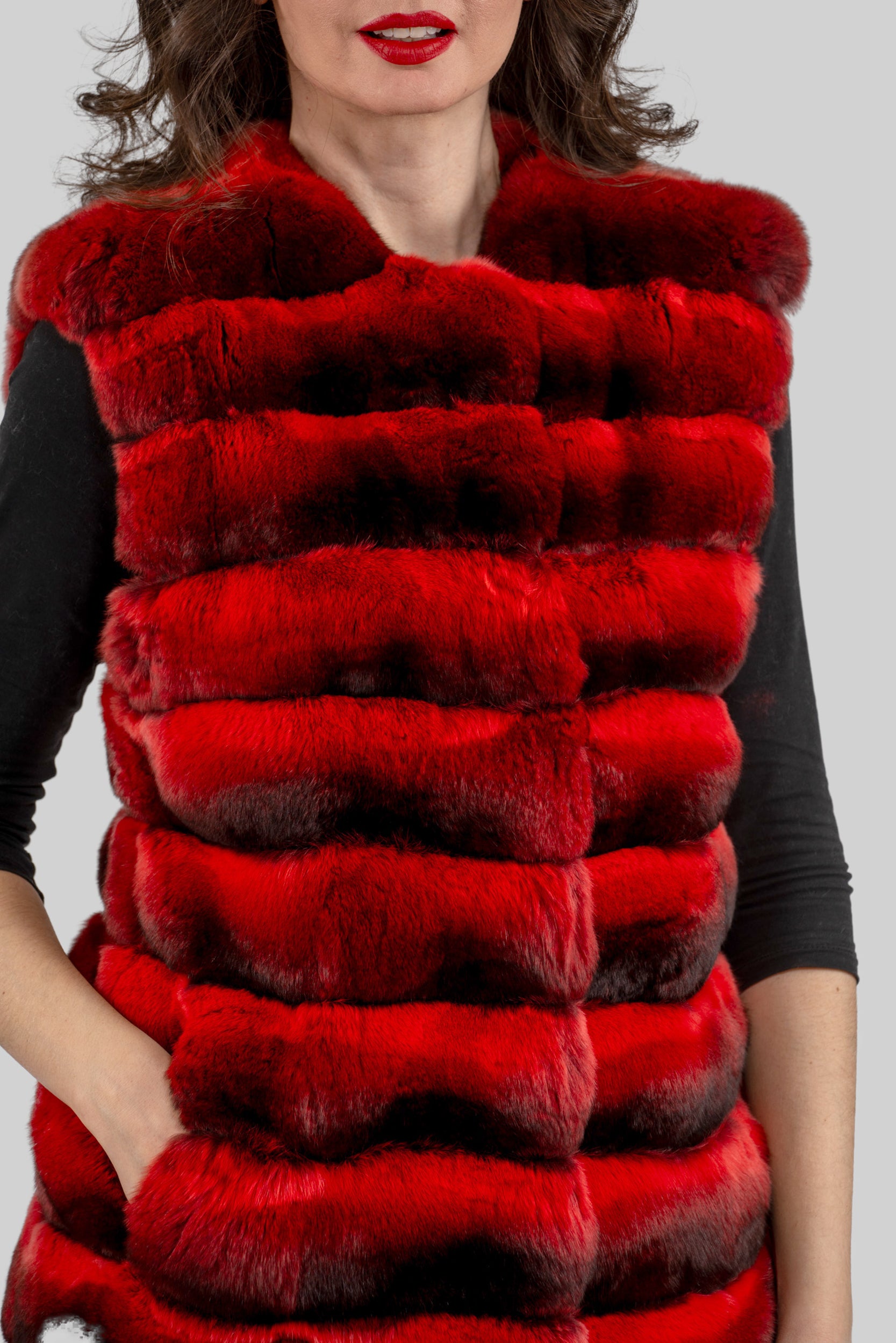 Collarless Crimson Red Chinchilla Vest P/K13C519