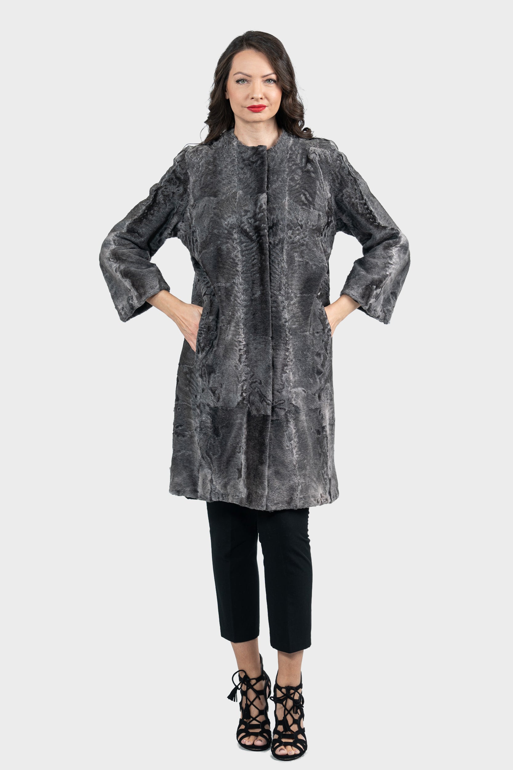 Gray Swakara Collarless Half Coat S/S13C520