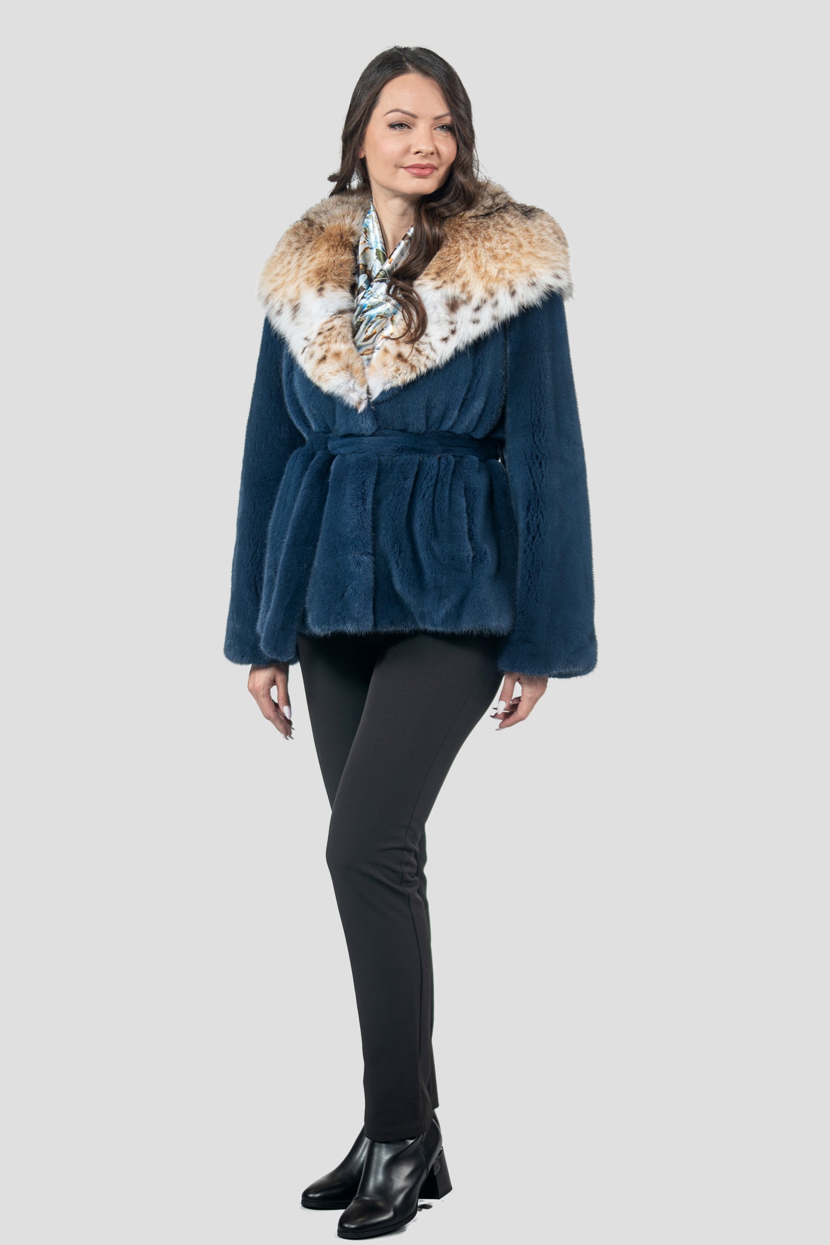 Blue Jean Mink Half Coat with Bobcat Hood L/O13C978