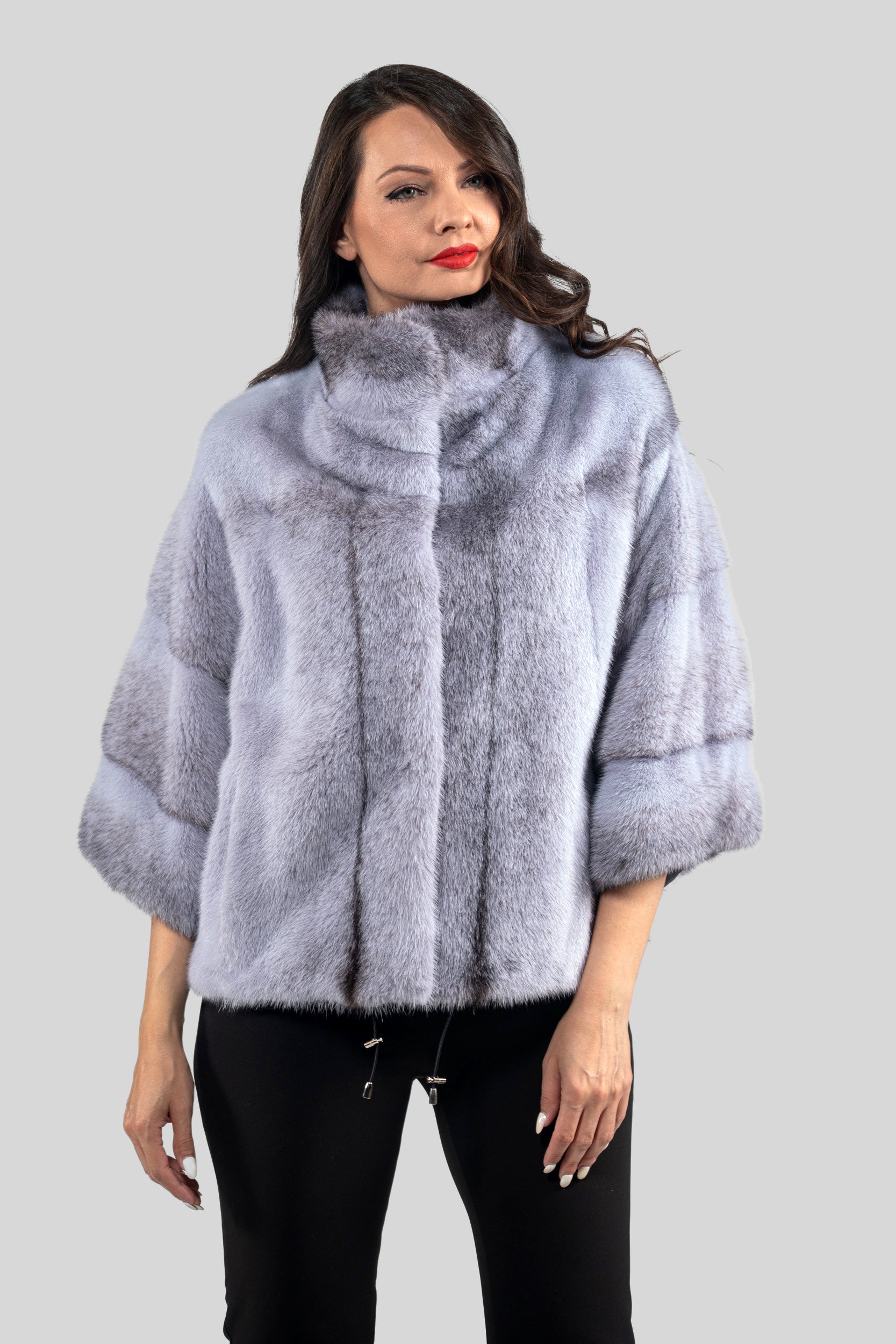 Grey Moon Cross Mink Jacket with Stand Collar and Short Sleeves L/O13C138