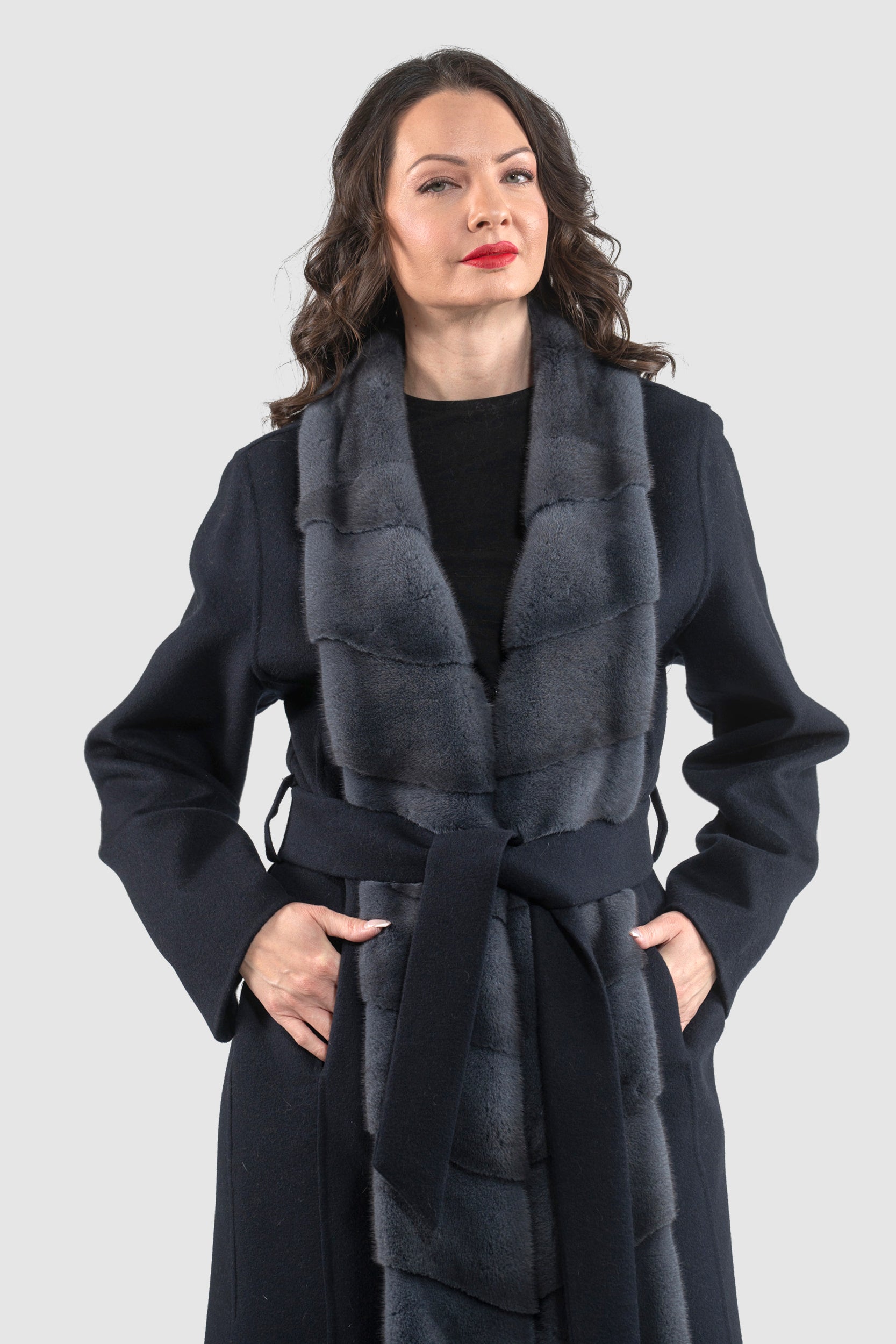 Blue Black Cashmere Coat with Mink Trim 3321