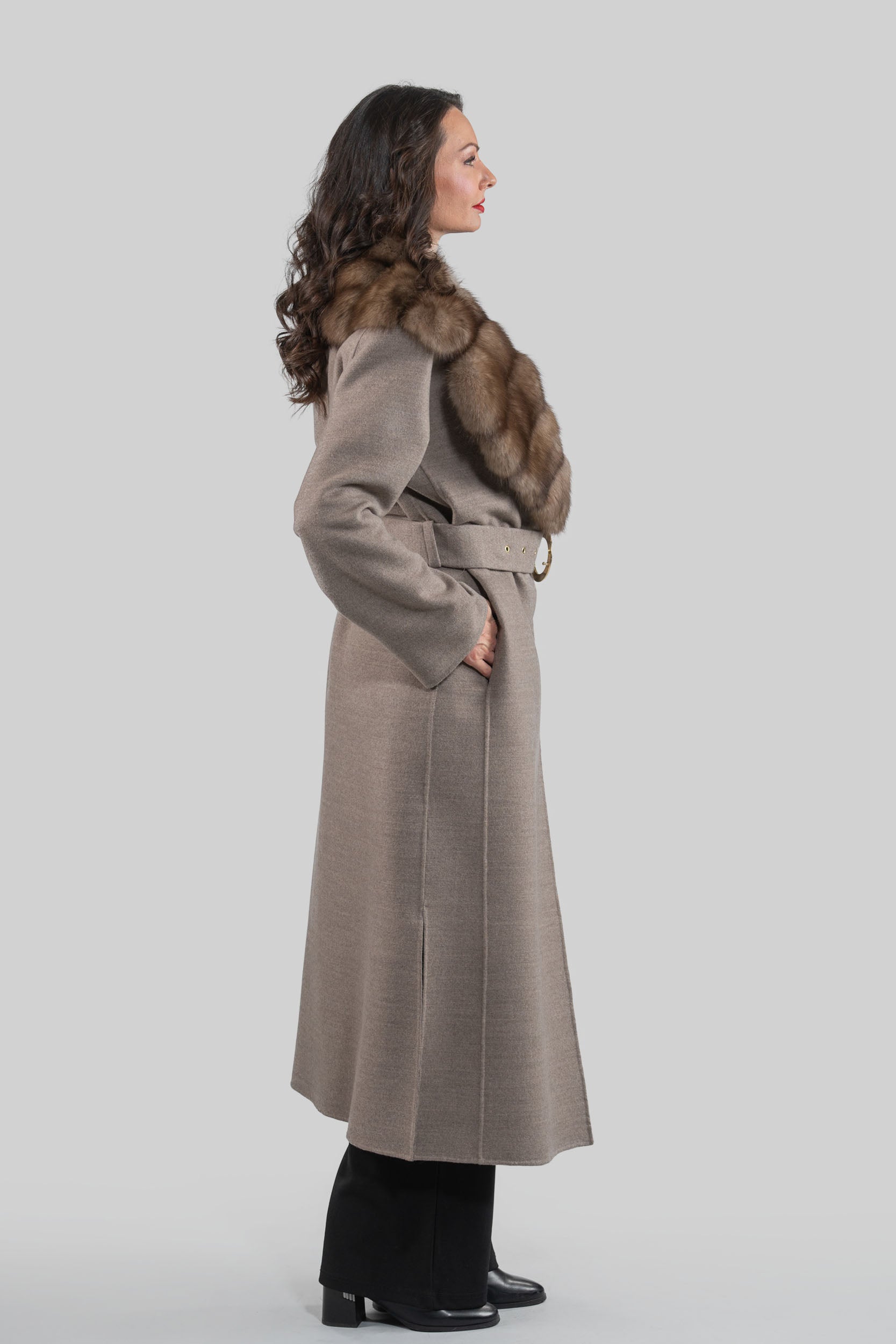 Grey Brown Cashmere Coat with Russian Sable Notch Collar 20C8060S20