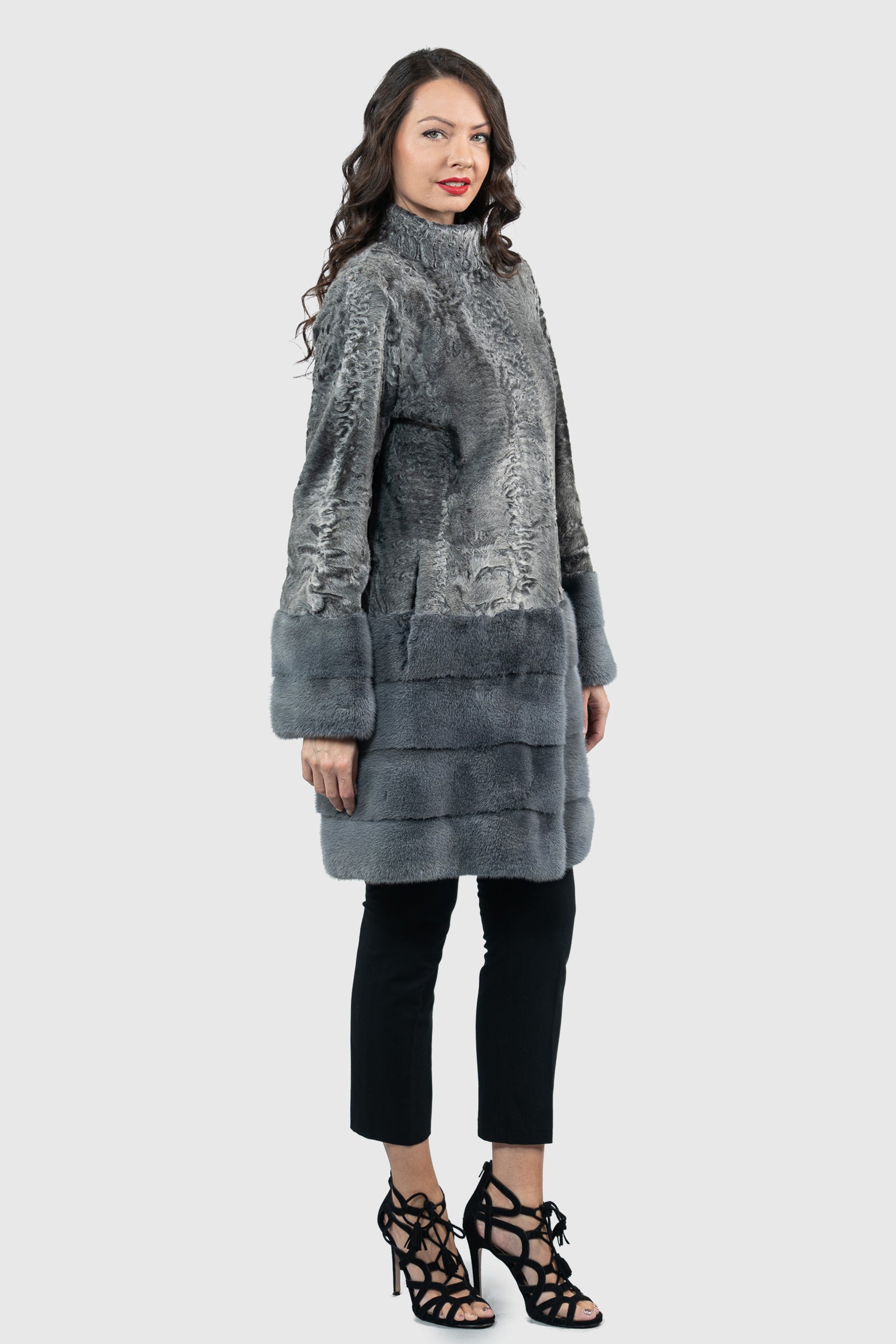 Gray Swakara Half Coat with Mink Trimmed Hem S/SR/K21999